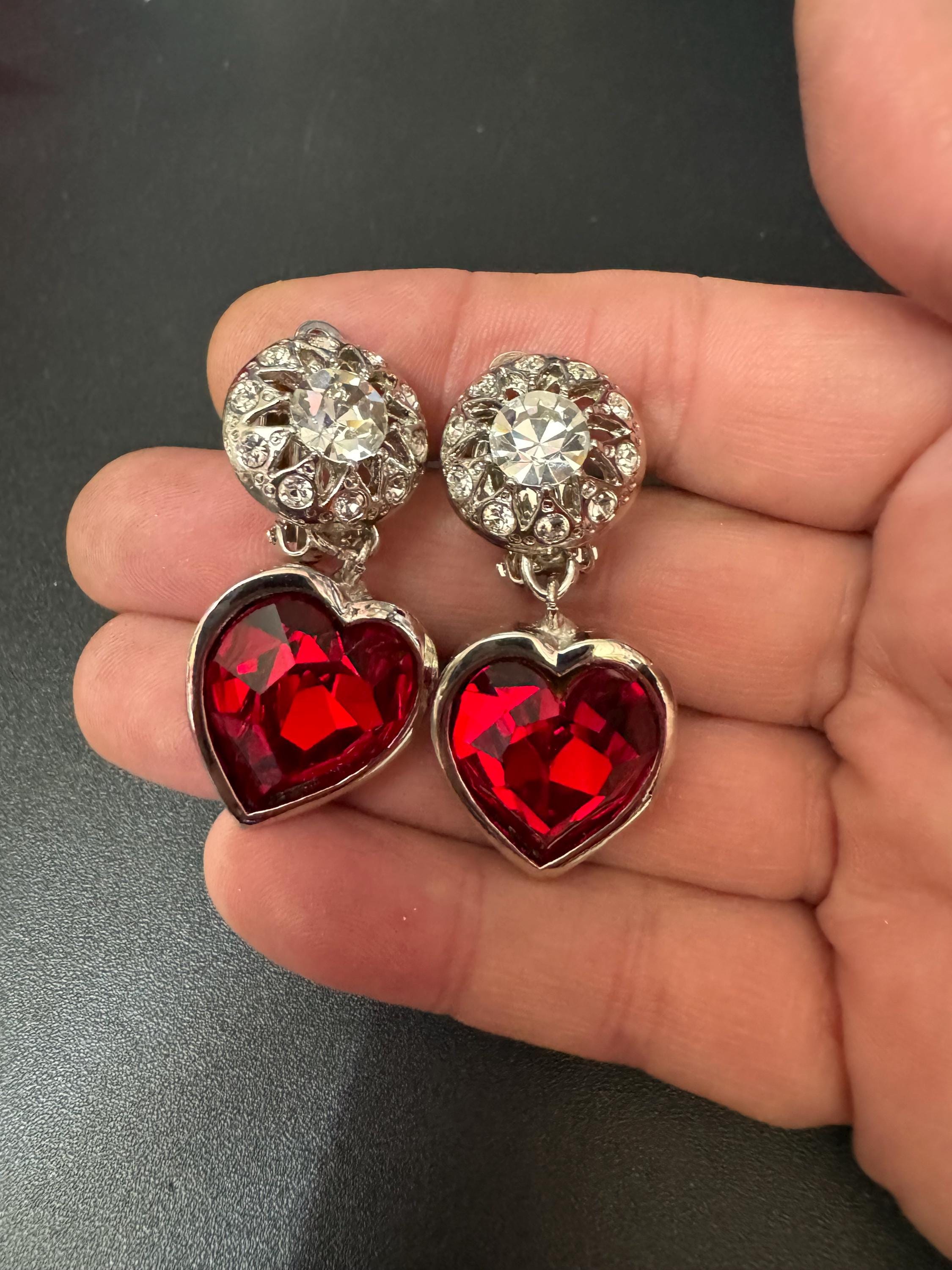 Vintage 1980s Swarovski Crystal Heart Drop Earrings: Ruby Red Silver Tone
