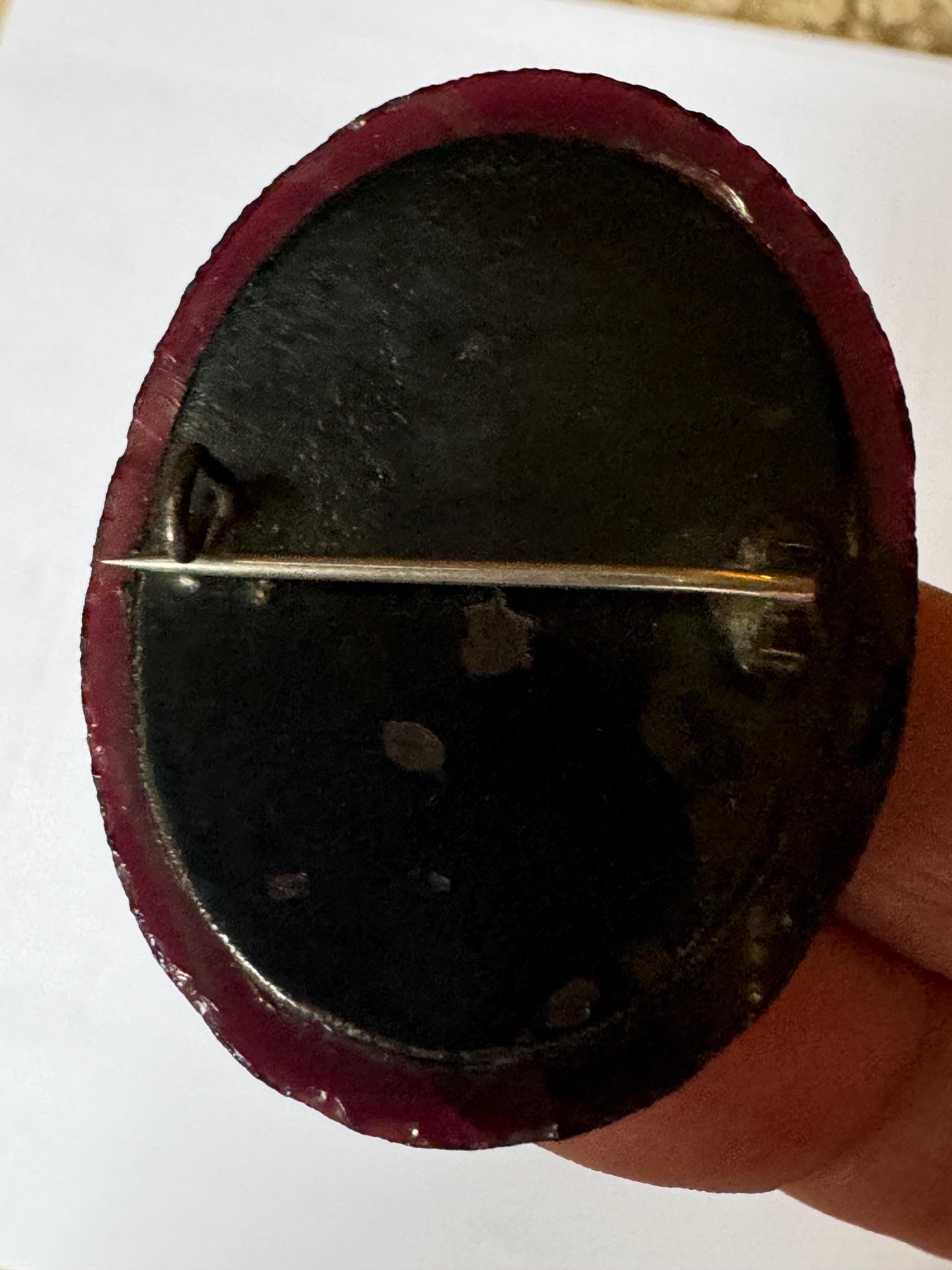 Victorian antique red tinted black glass Oval mourning Brooch c clasp