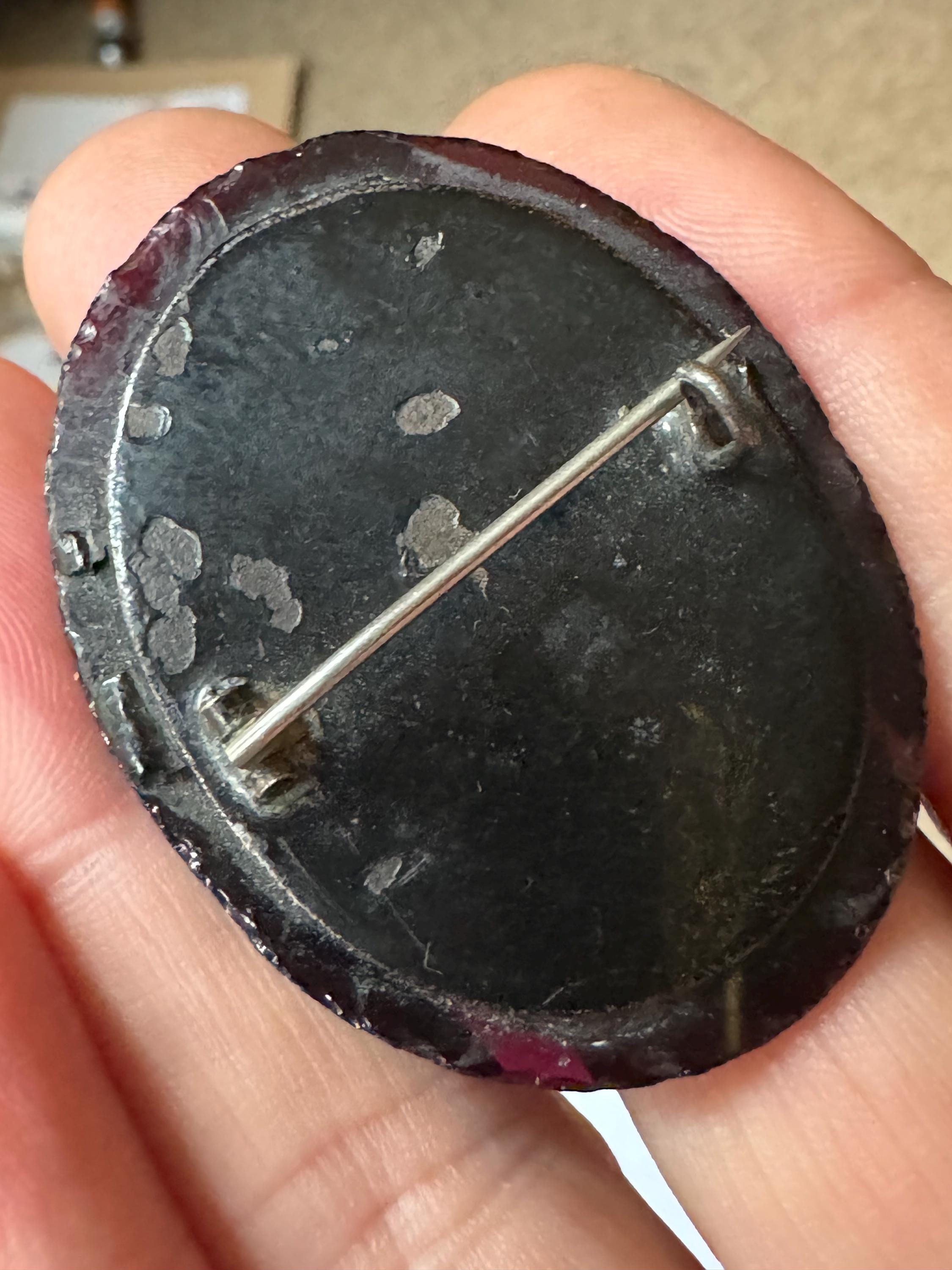 Victorian antique red tinted black glass Oval mourning Brooch c clasp