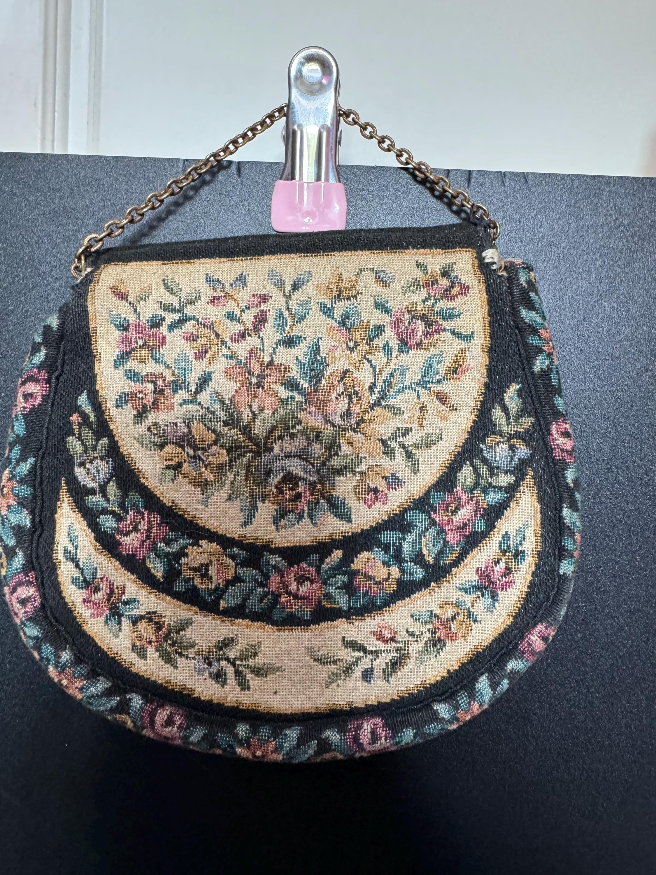 Antique Petit Point Tapestry Purse: Embroidered Floral Evening Bag, 1920s