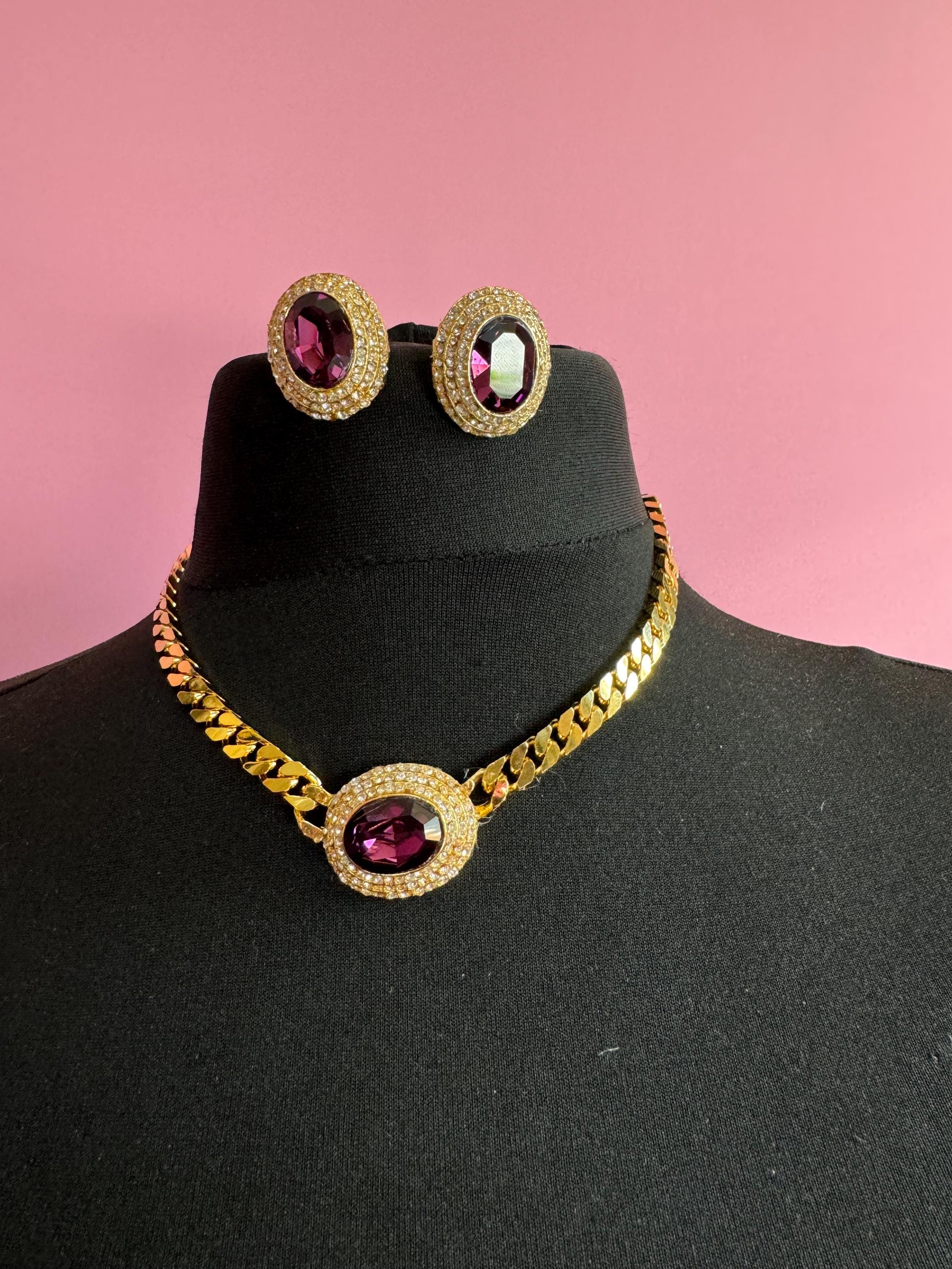 Vintage Swarovski Crystal Necklace & Clip On Earrings: Gold Tone Jewelry Set