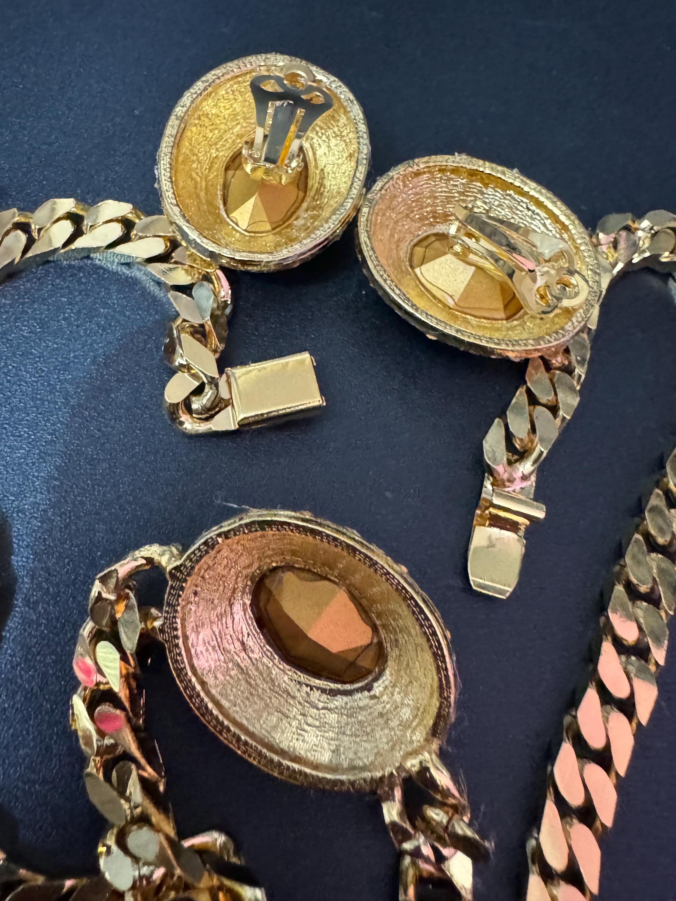 Vintage Swarovski Crystal Necklace & Clip On Earrings: Gold Tone Jewelry Set