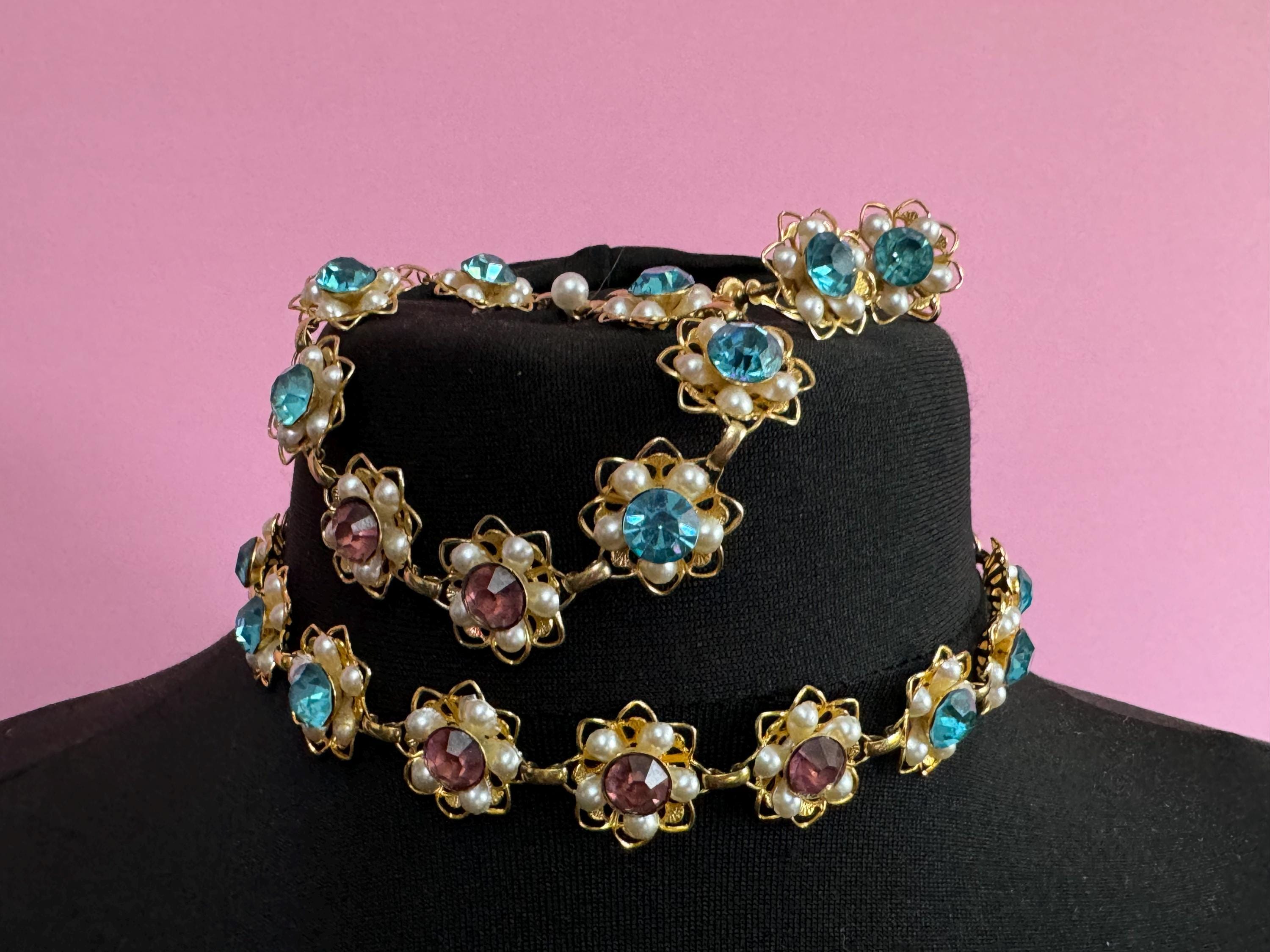 Vintage faux pearl turquoise and pink floral glass filigree necklace, bracelet and matching clip on earrings set 1950s