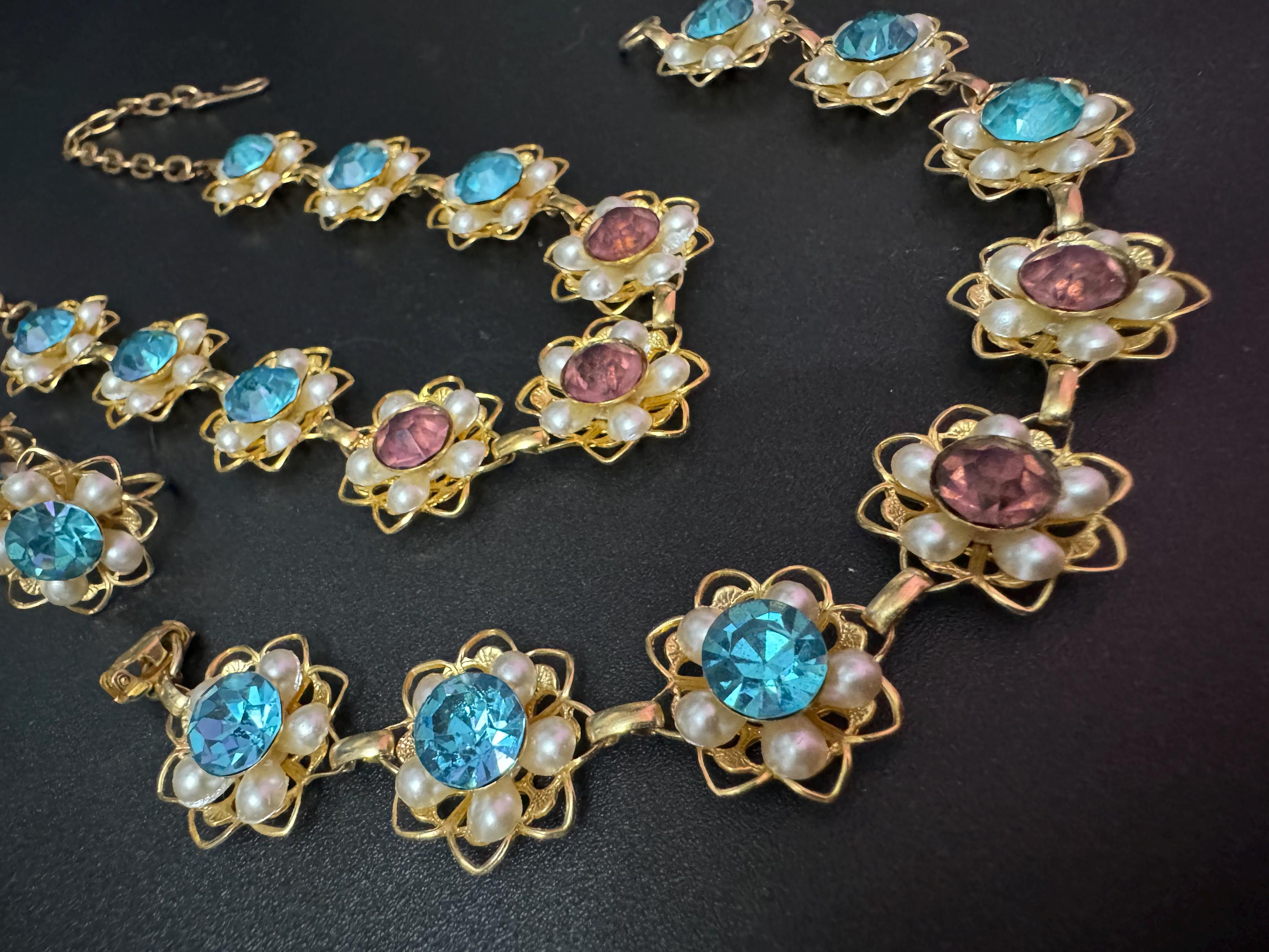 Vintage Faux Pearl Floral Jewelry Set: Necklace, Bracelet & Earrings