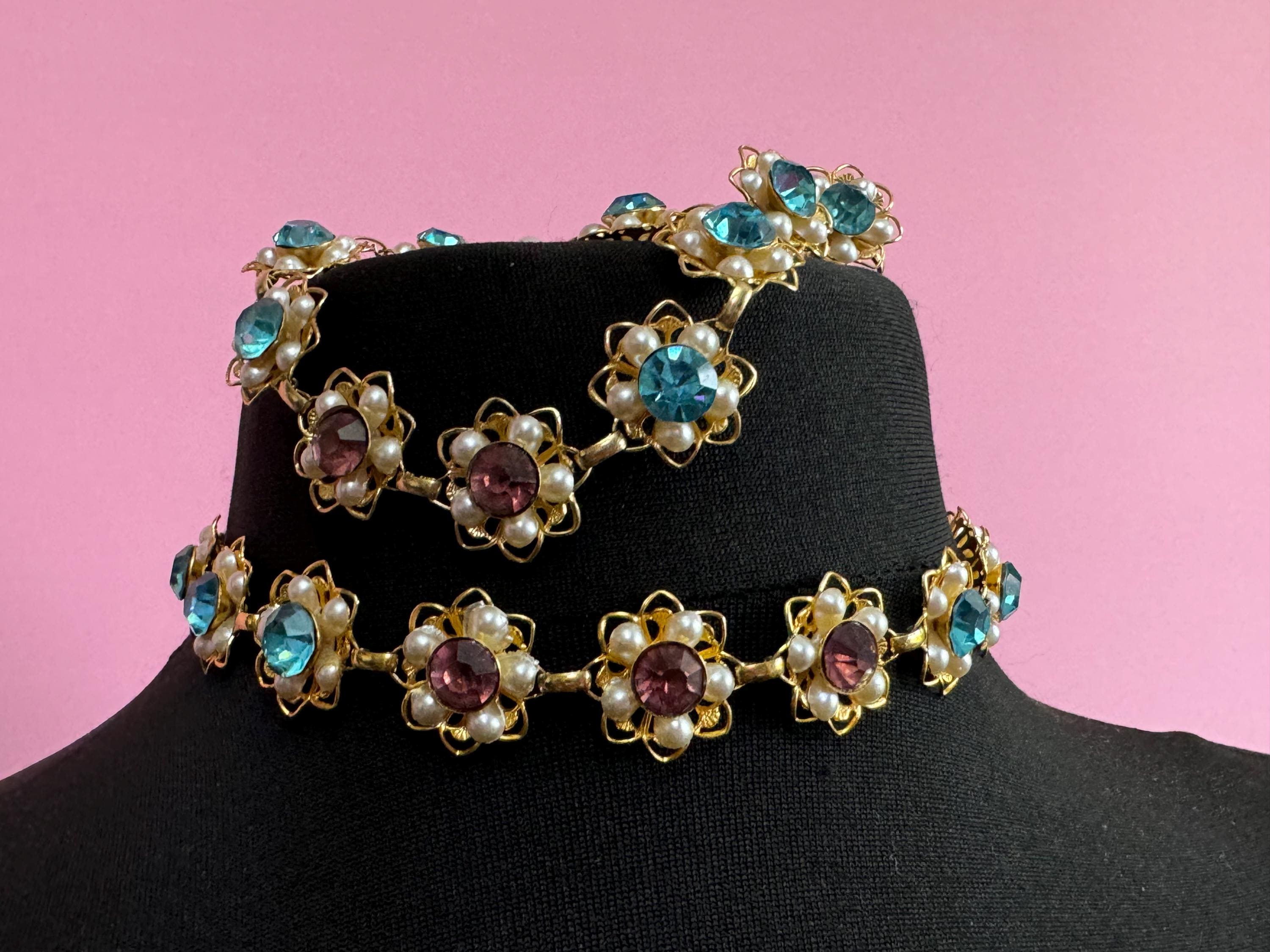 Vintage Faux Pearl Floral Jewelry Set: Necklace, Bracelet & Earrings