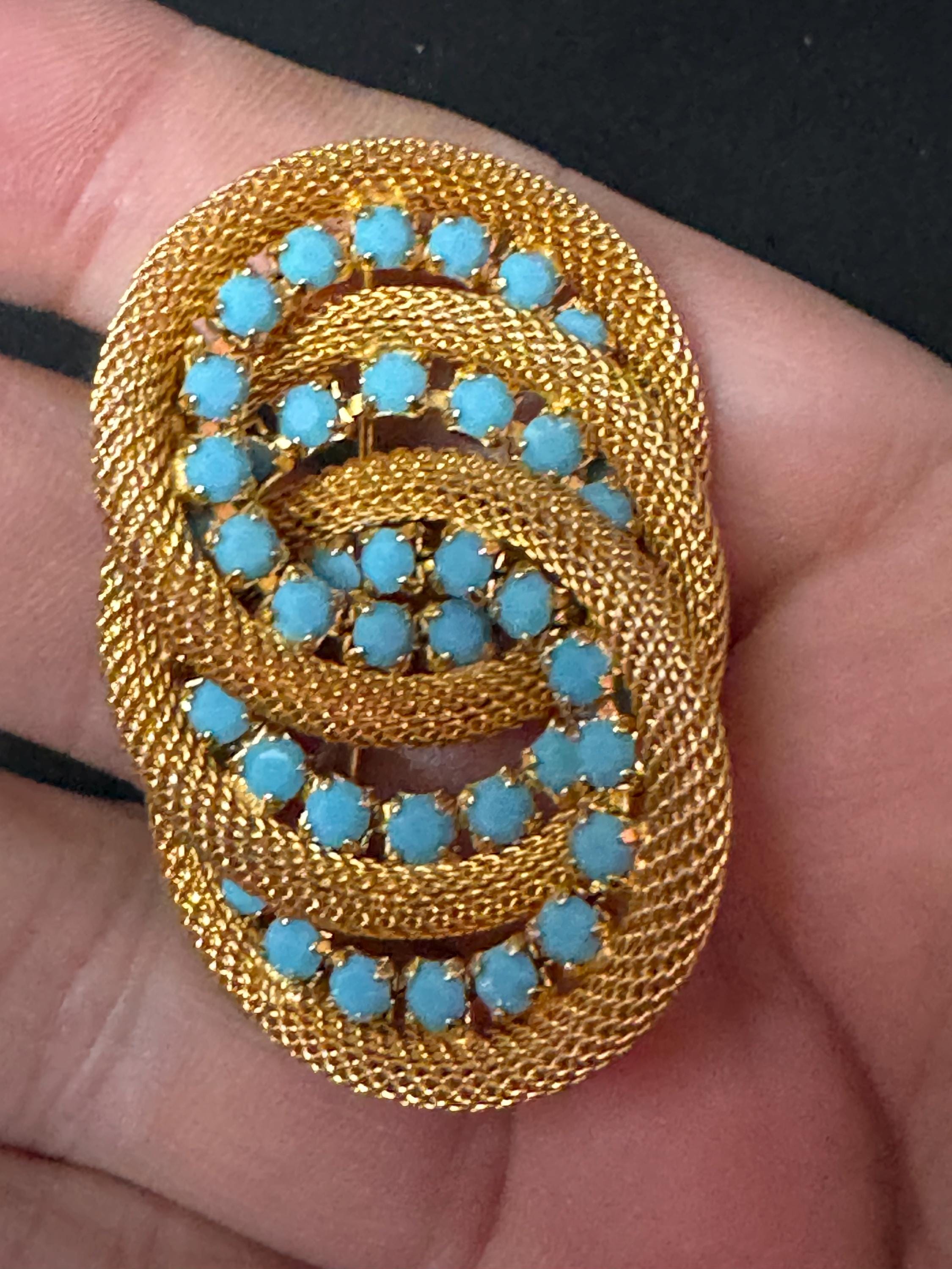 vintage retro modernist mid century gold tone mesh turquoise beaded abstract swirl round knot brooch 4.5cm 1960s 1970s