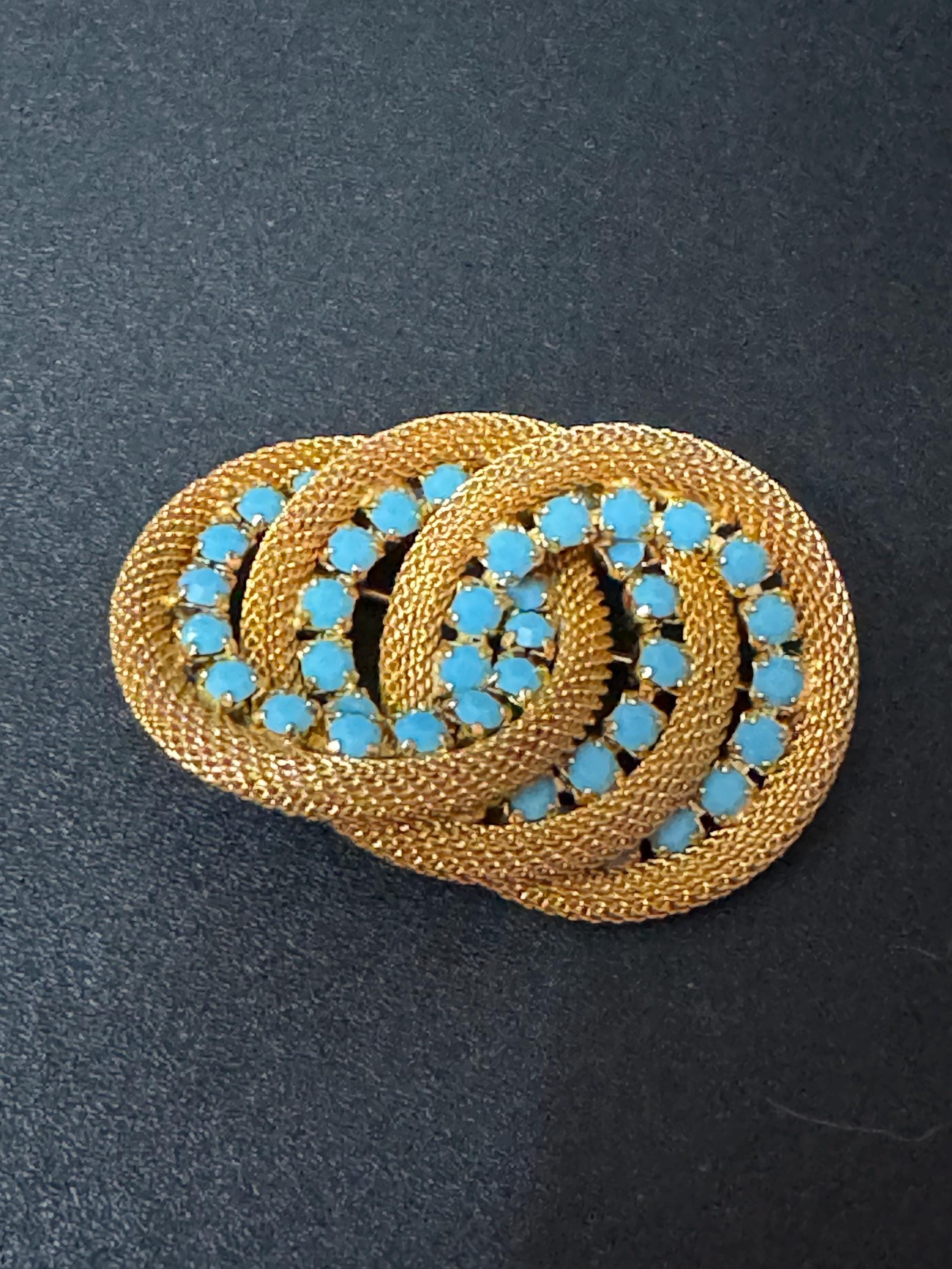 vintage retro modernist mid century gold tone mesh turquoise beaded abstract swirl round knot brooch 4.5cm 1960s 1970s