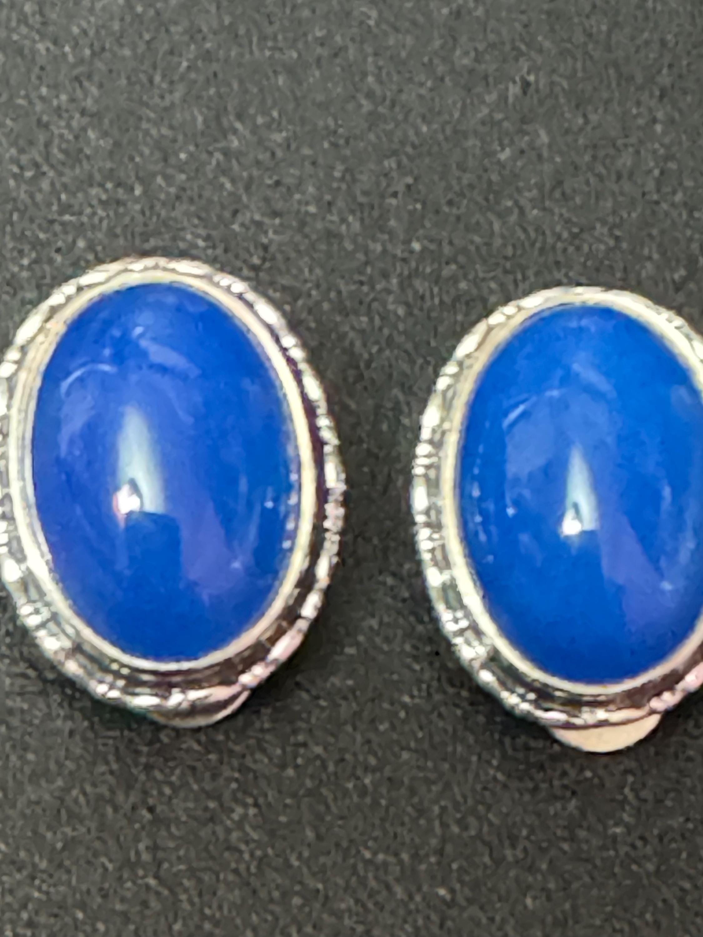 Vintage 925 modernist solid sterling silver oval blue gemstone clip on earrings 2cm