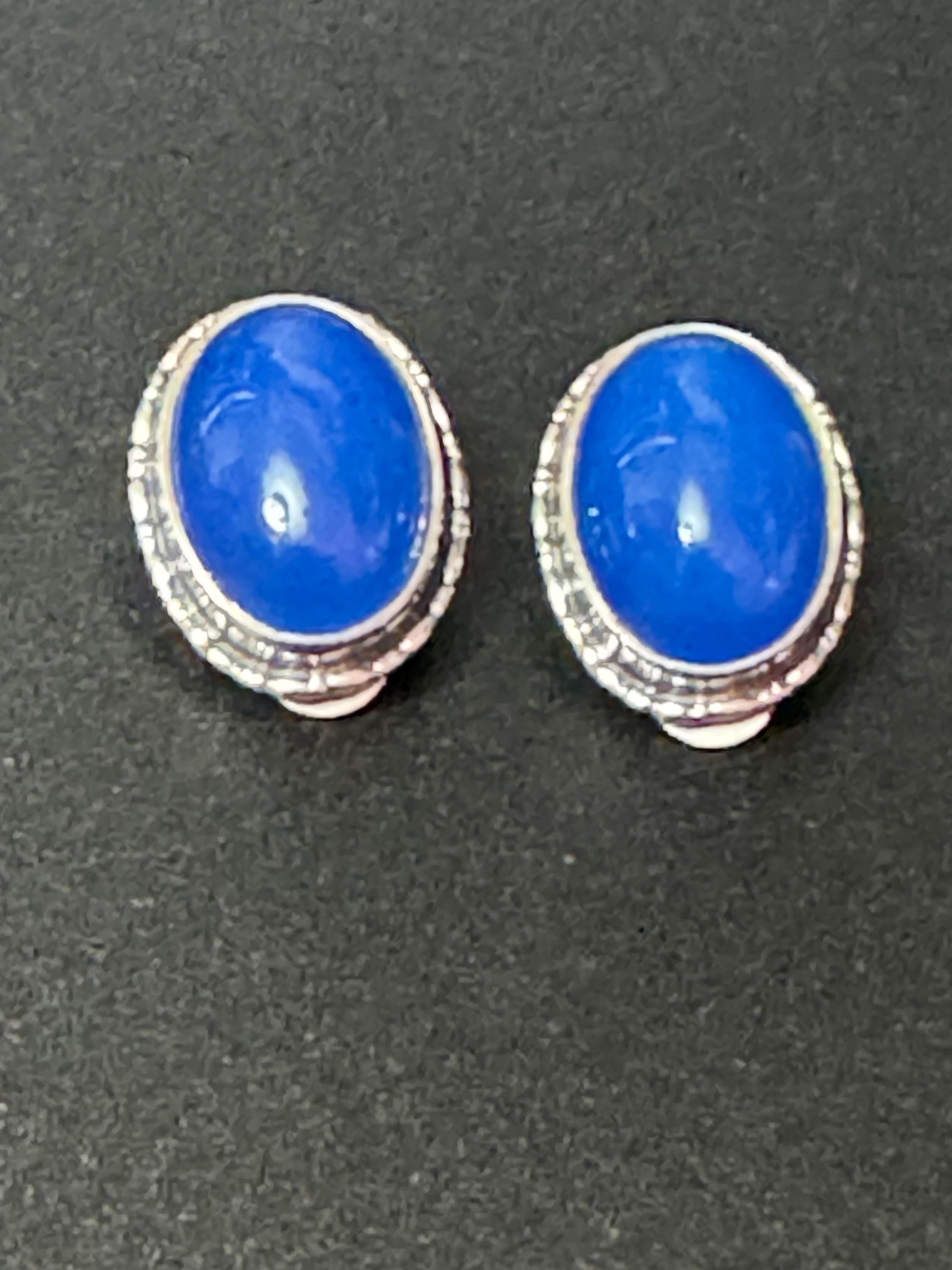 Vintage 925 modernist solid sterling silver oval blue gemstone clip on earrings 2cm