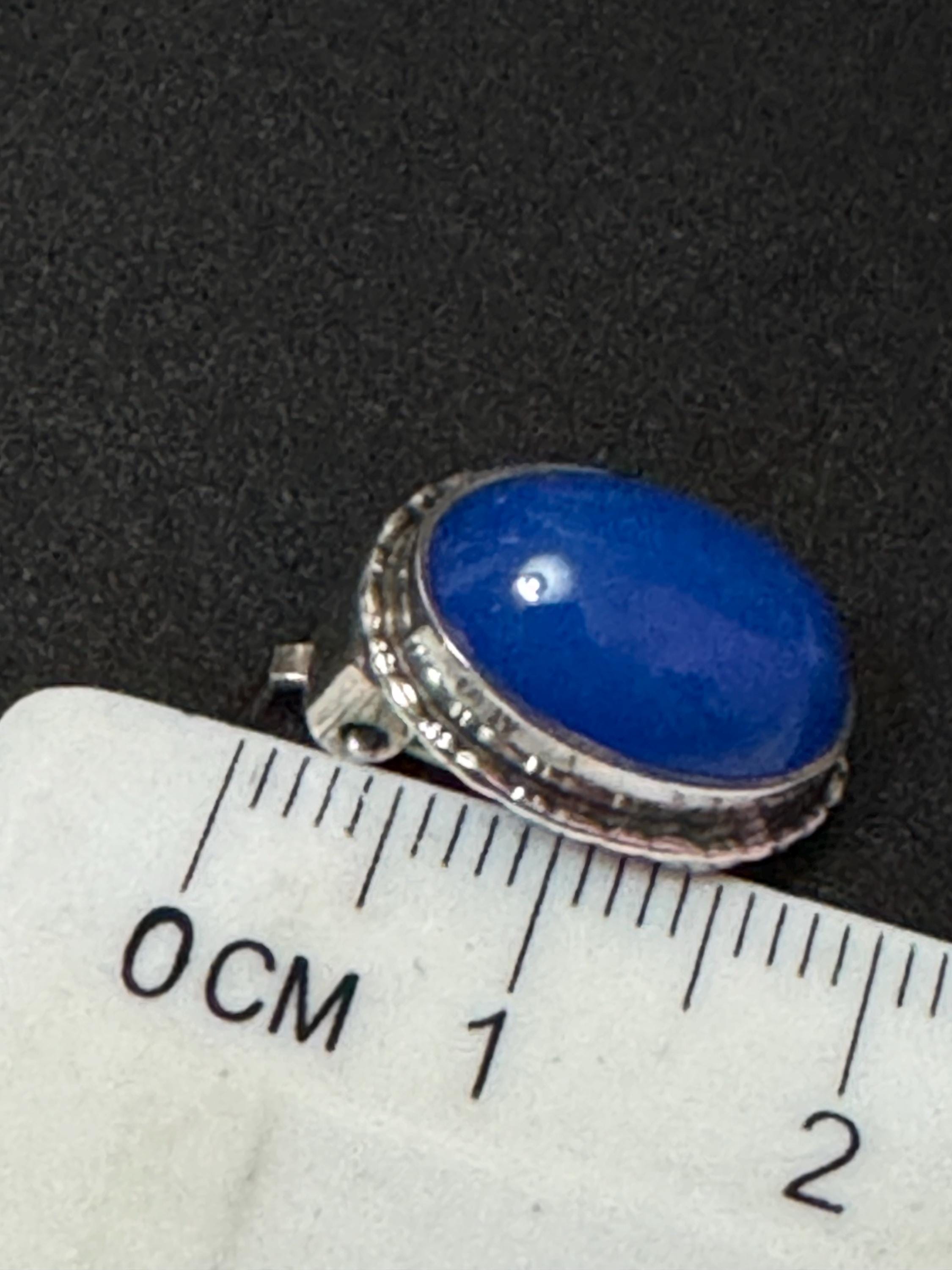 Vintage 925 modernist solid sterling silver oval blue gemstone clip on earrings 2cm