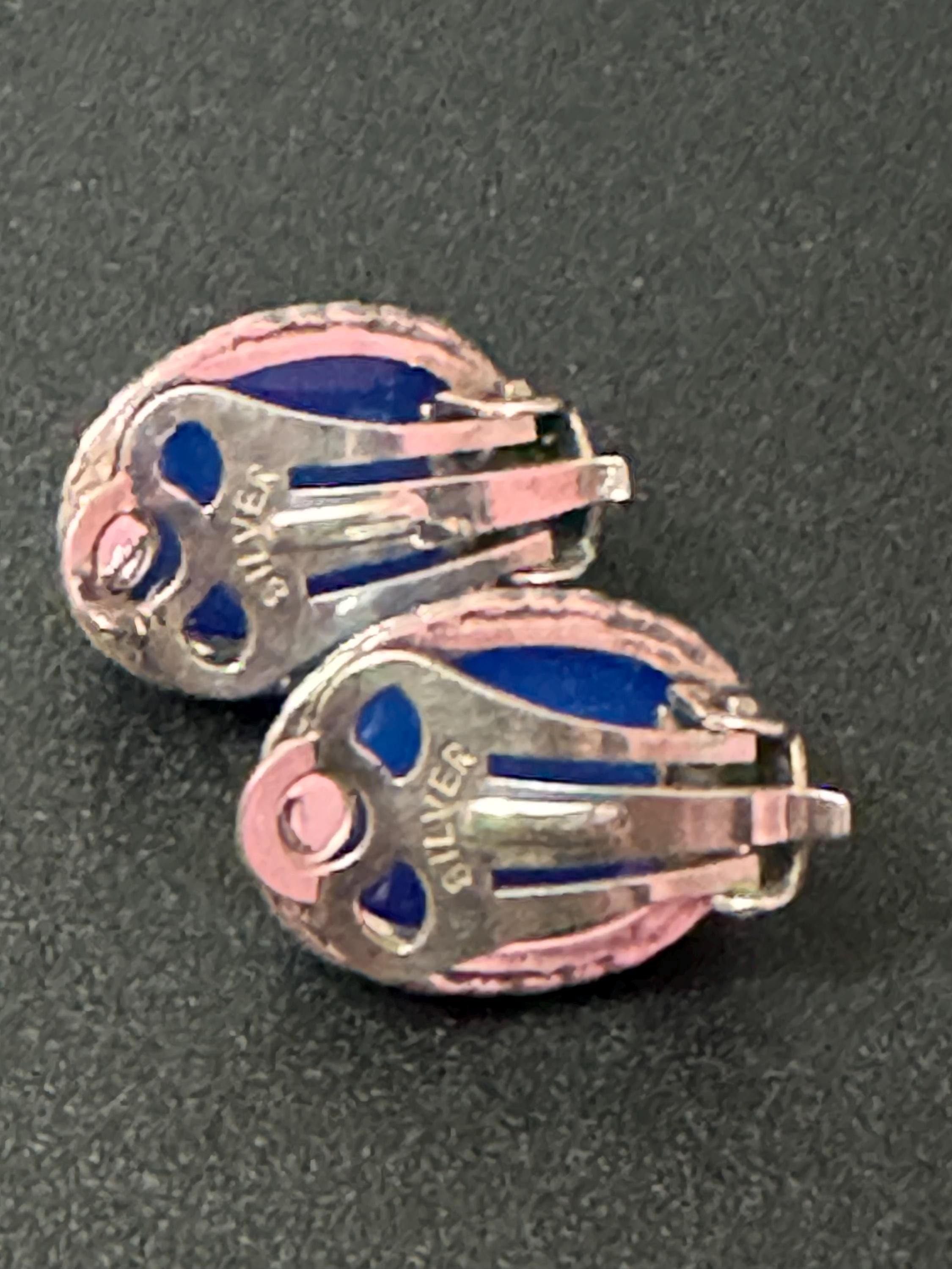 Vintage 925 modernist solid sterling silver oval blue gemstone clip on earrings 2cm