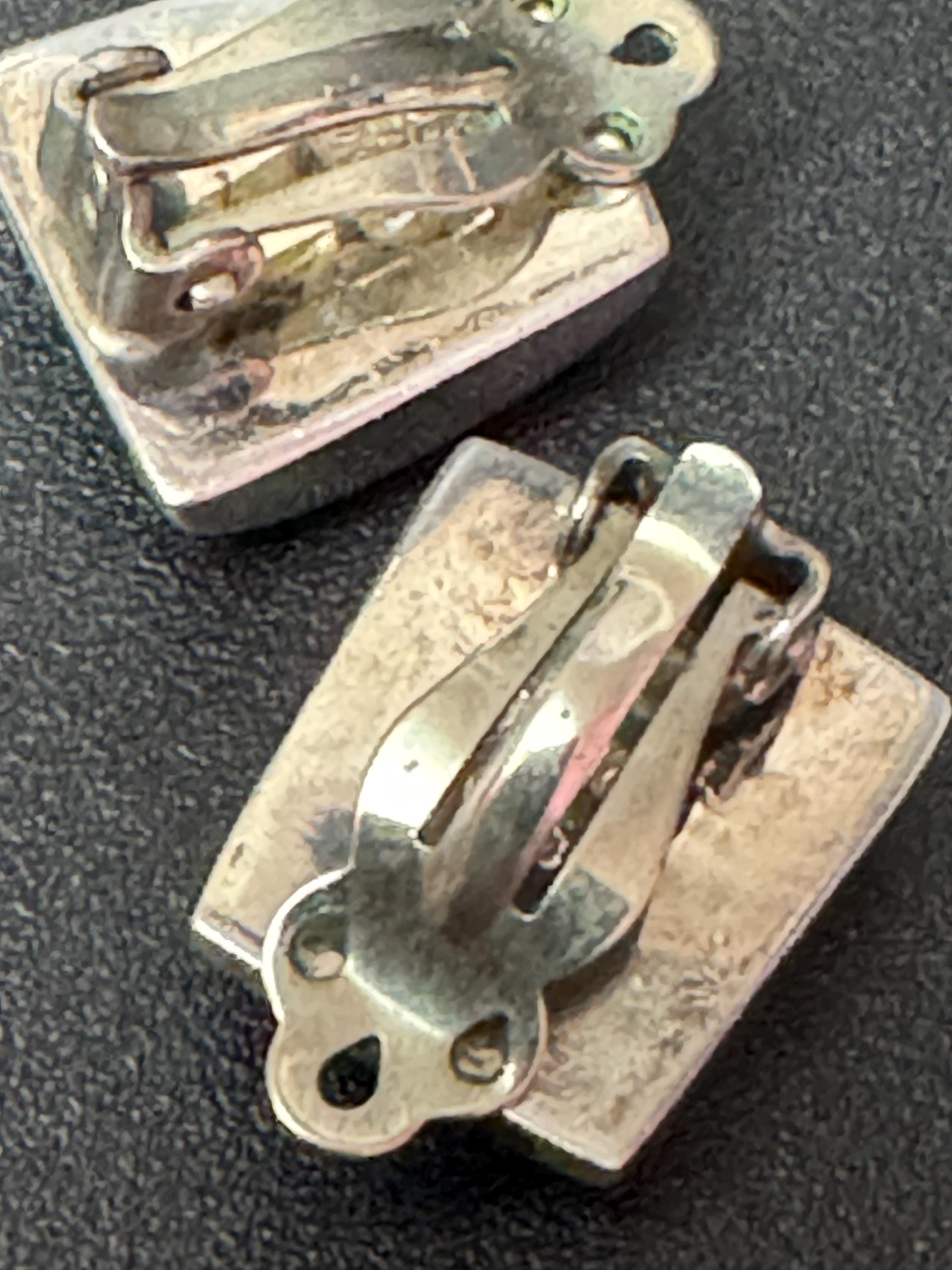 Vintage 925 modernist Mexican sterling silver rectangular blue turquoise gemstone clip on earrings 2cm