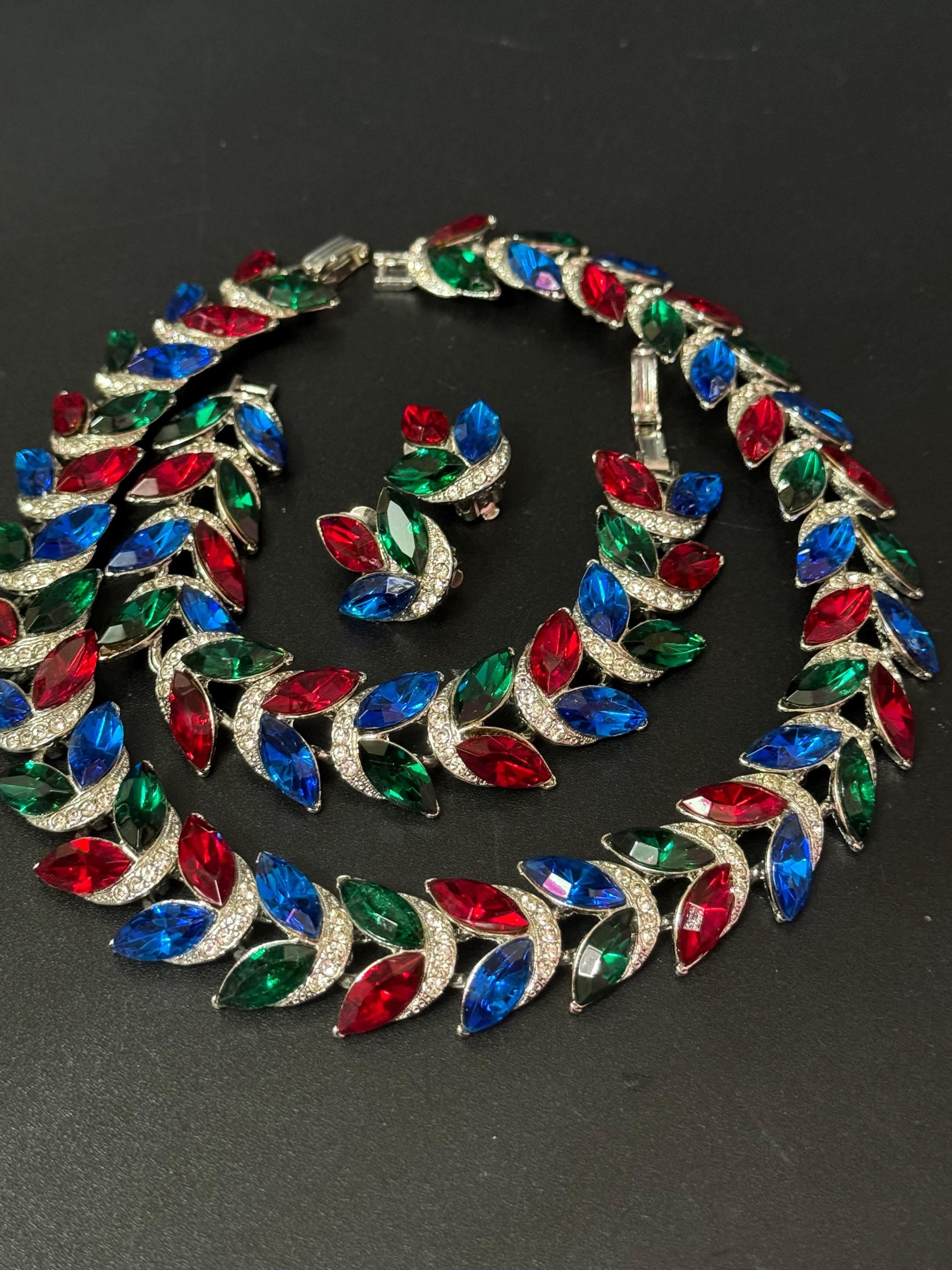 vintage silver tone ruby red, emerald green , sapphire blue Swarovski crystal rhinestone cocktail necklace bracelet and clip on earrings set