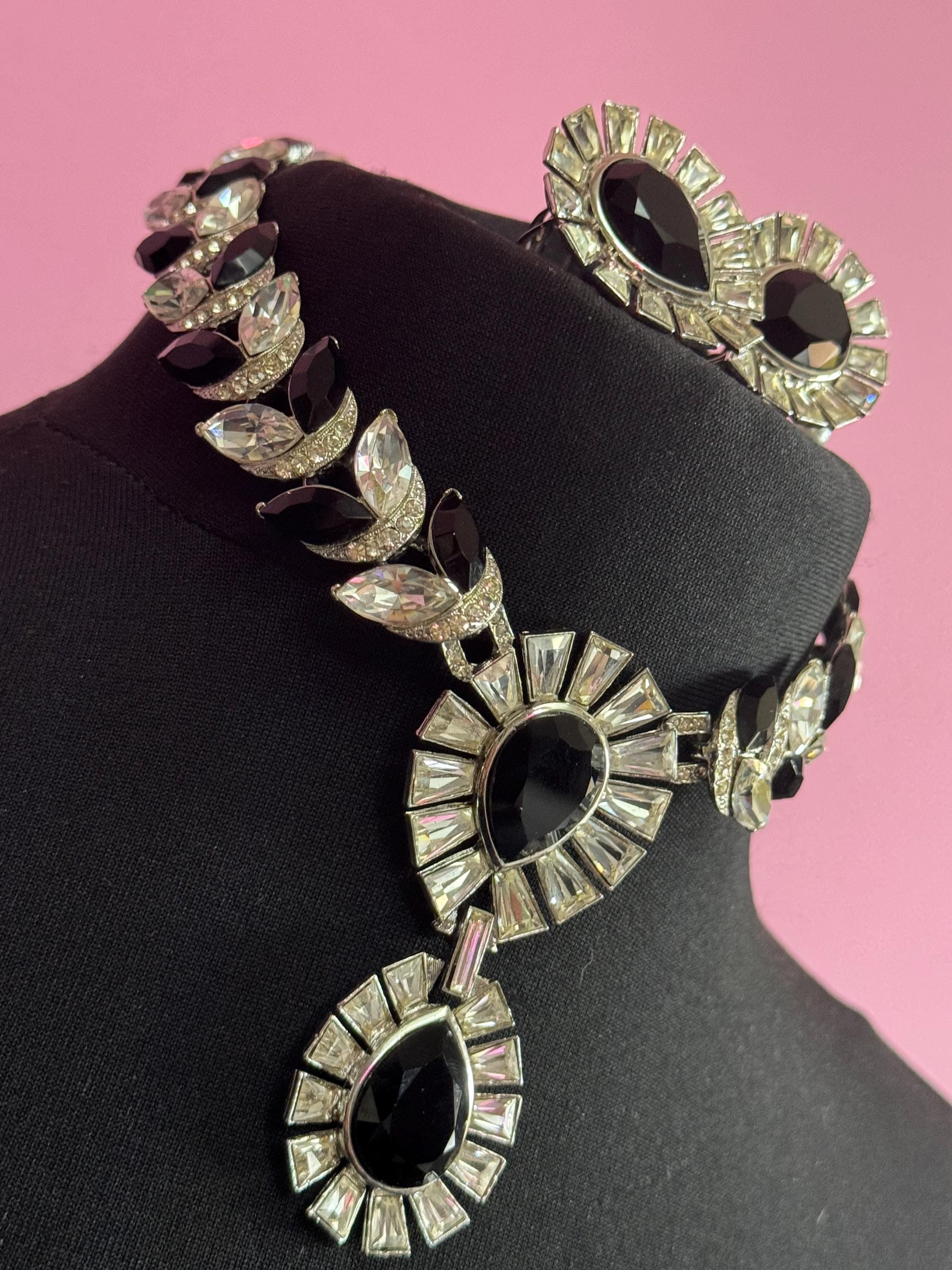 Petite fit Vintage black and clear genuine Swarovski crystal teardrop silver tone necklace and oversized clip on earrings jewellery set