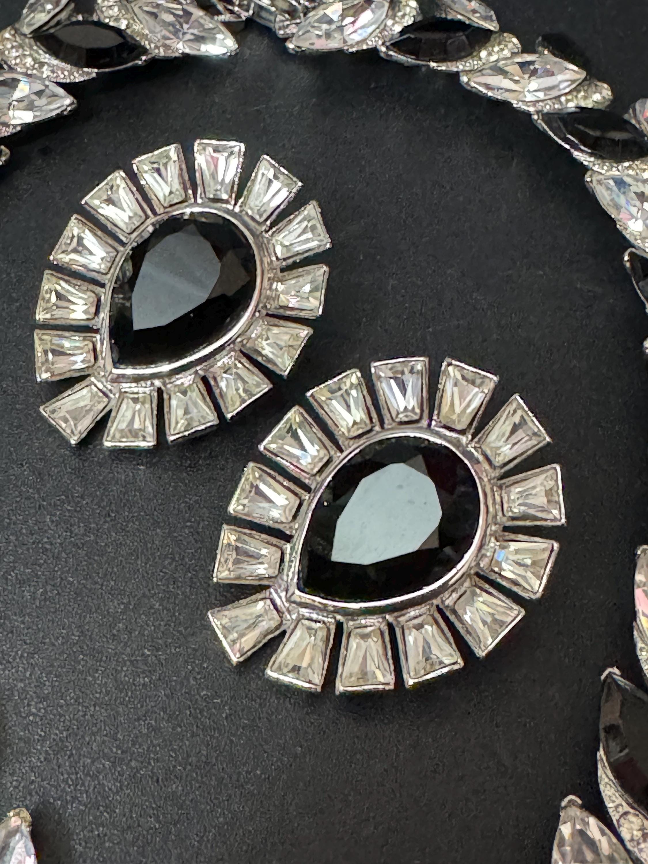Petite fit Vintage black and clear genuine Swarovski crystal teardrop silver tone necklace and oversized clip on earrings jewellery set