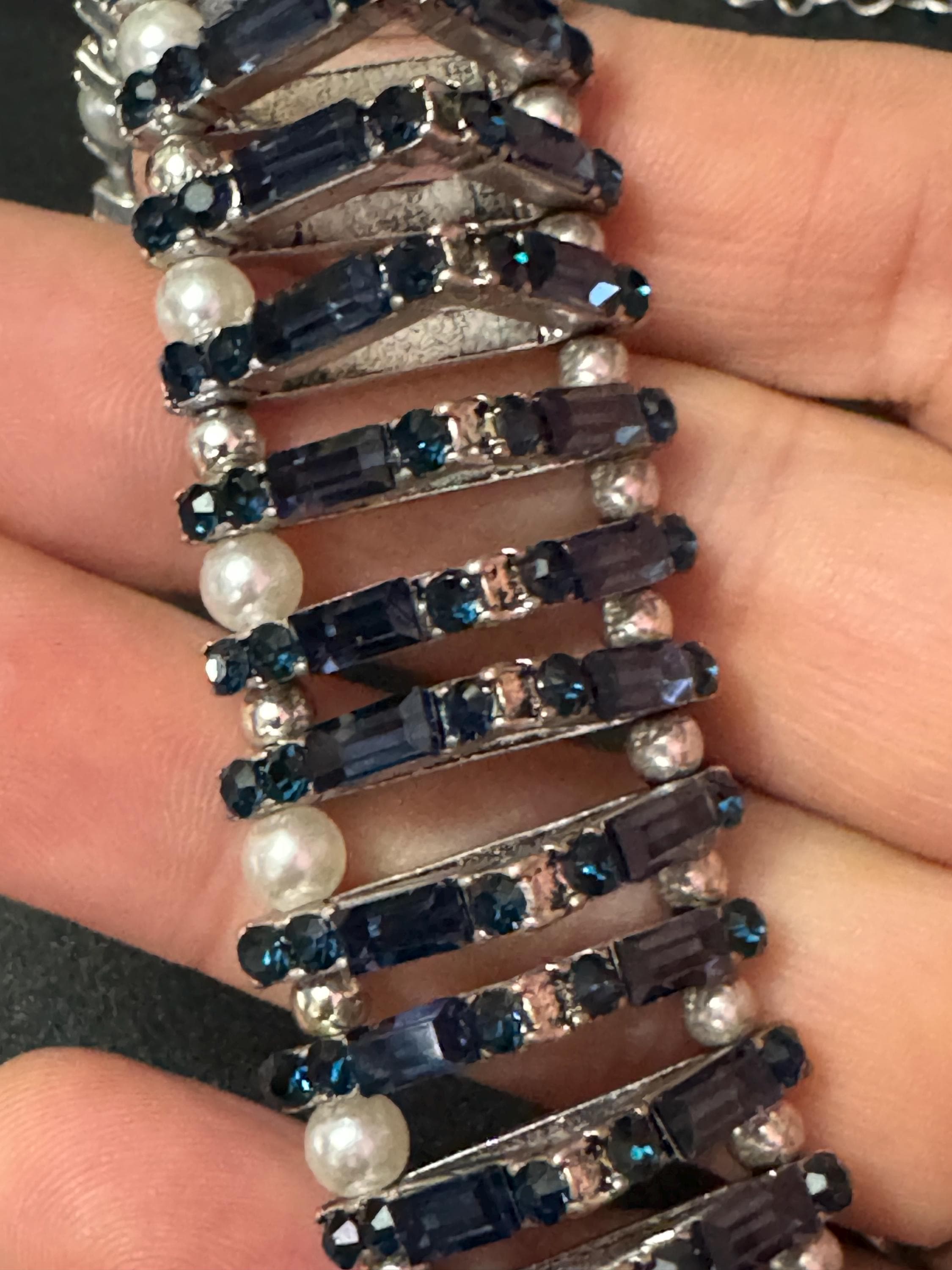 Retro Rhinestone Choker: Dark Petrol Blue Sapphire Crystal, Faux Pearl