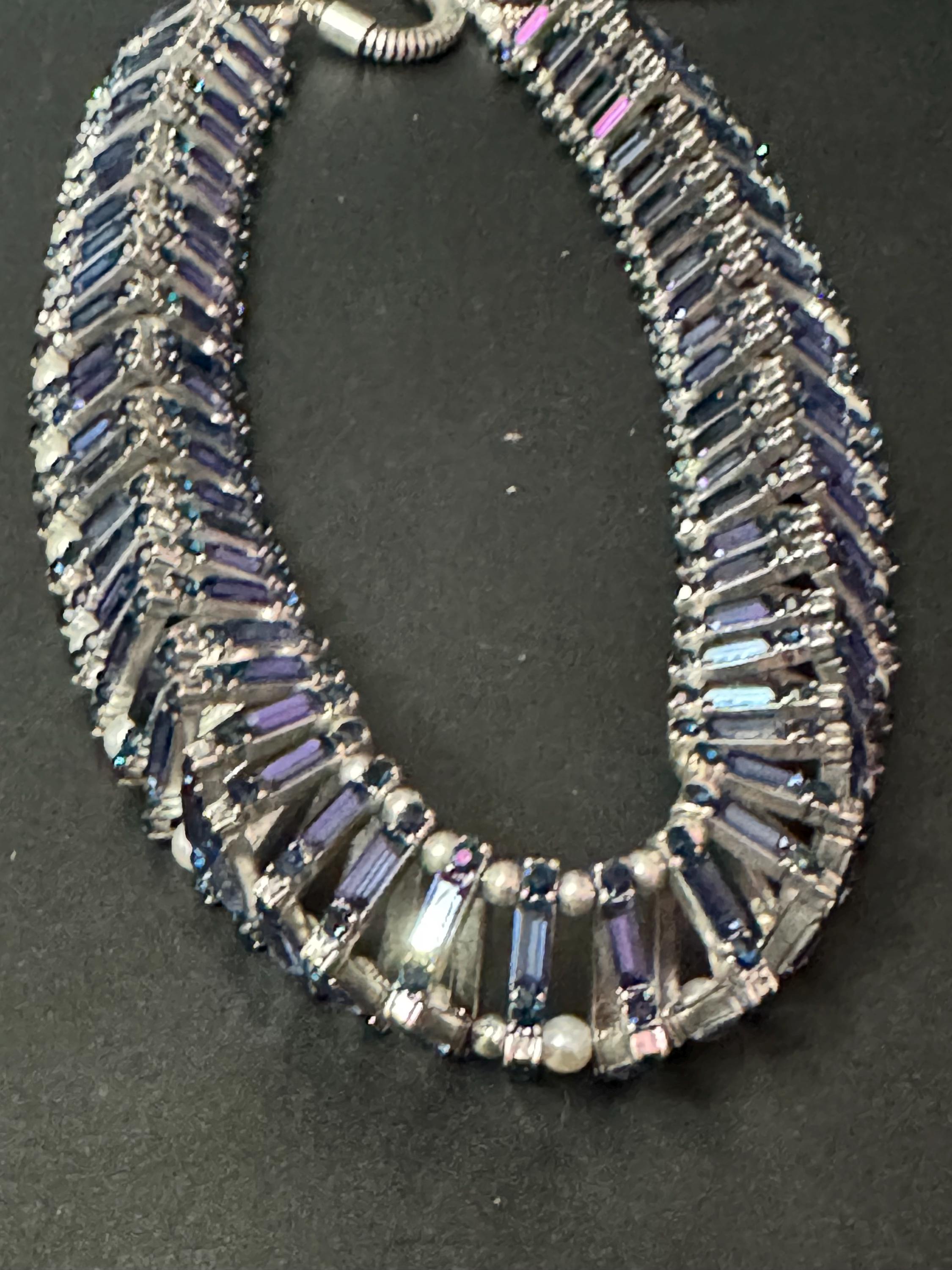 Retro Rhinestone Choker: Dark Petrol Blue Sapphire Crystal, Faux Pearl