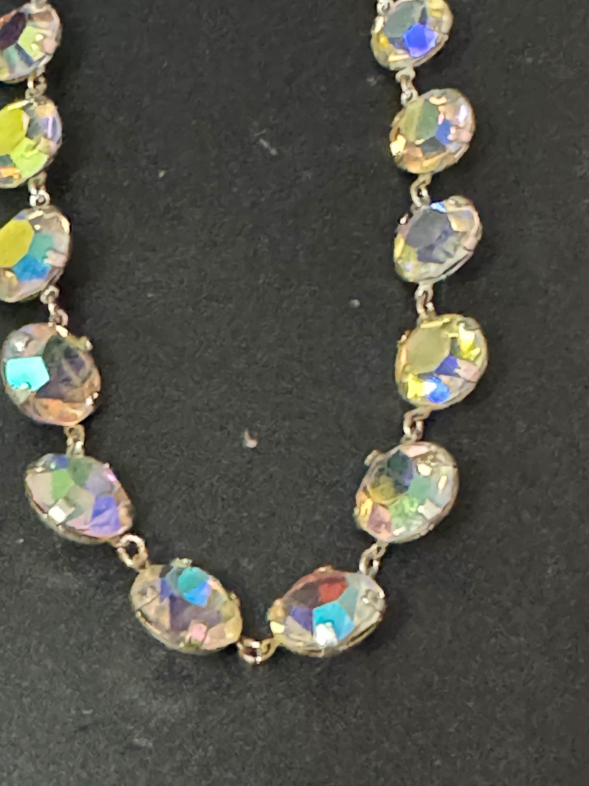 Vintage AB Aurora borealis glass necklace rainbow glass open back crystal rivière bezel set