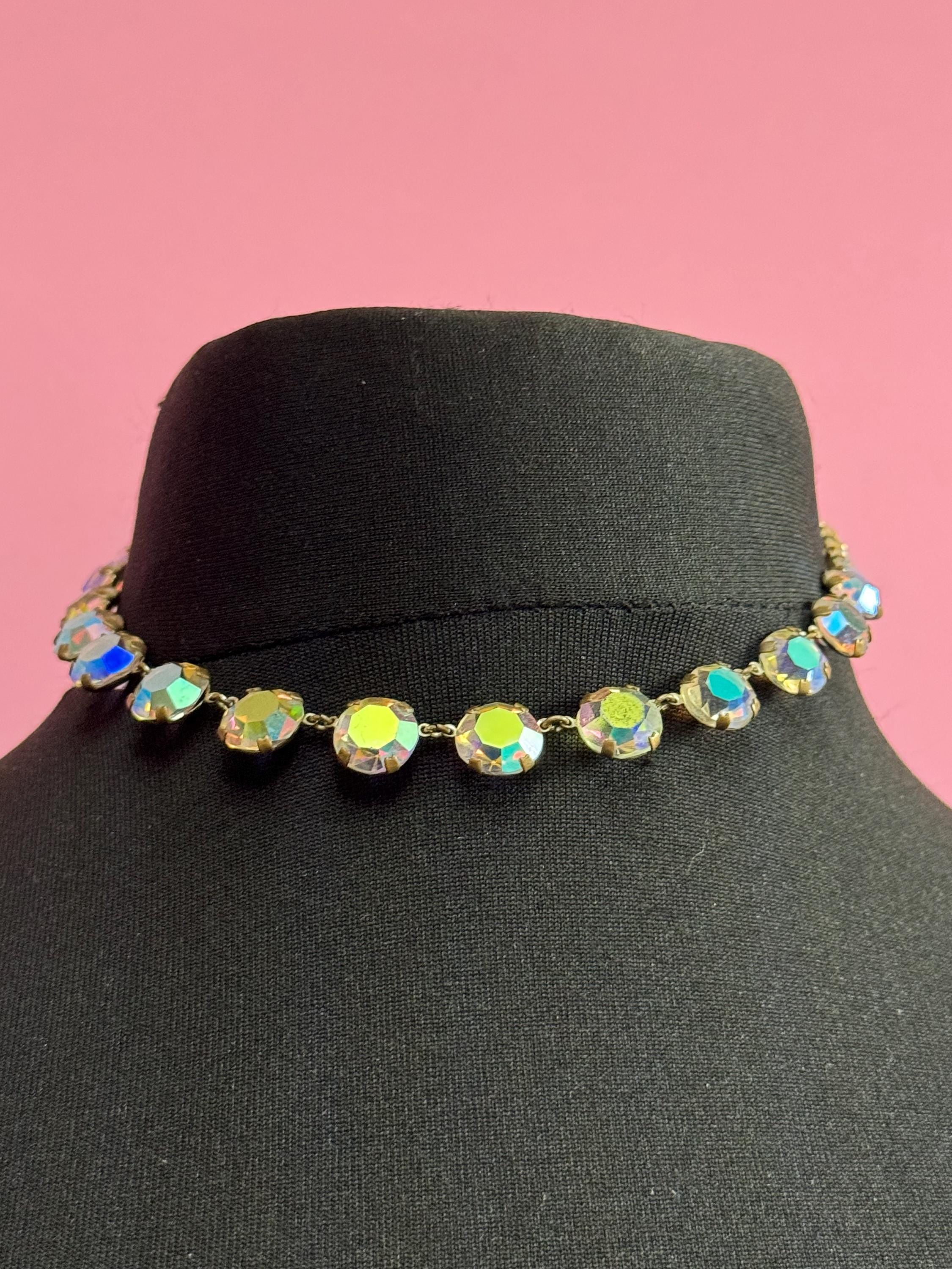 Petite fit Vintage AB Aurora borealis glass necklace rainbow glass open back crystal rivière bezel set