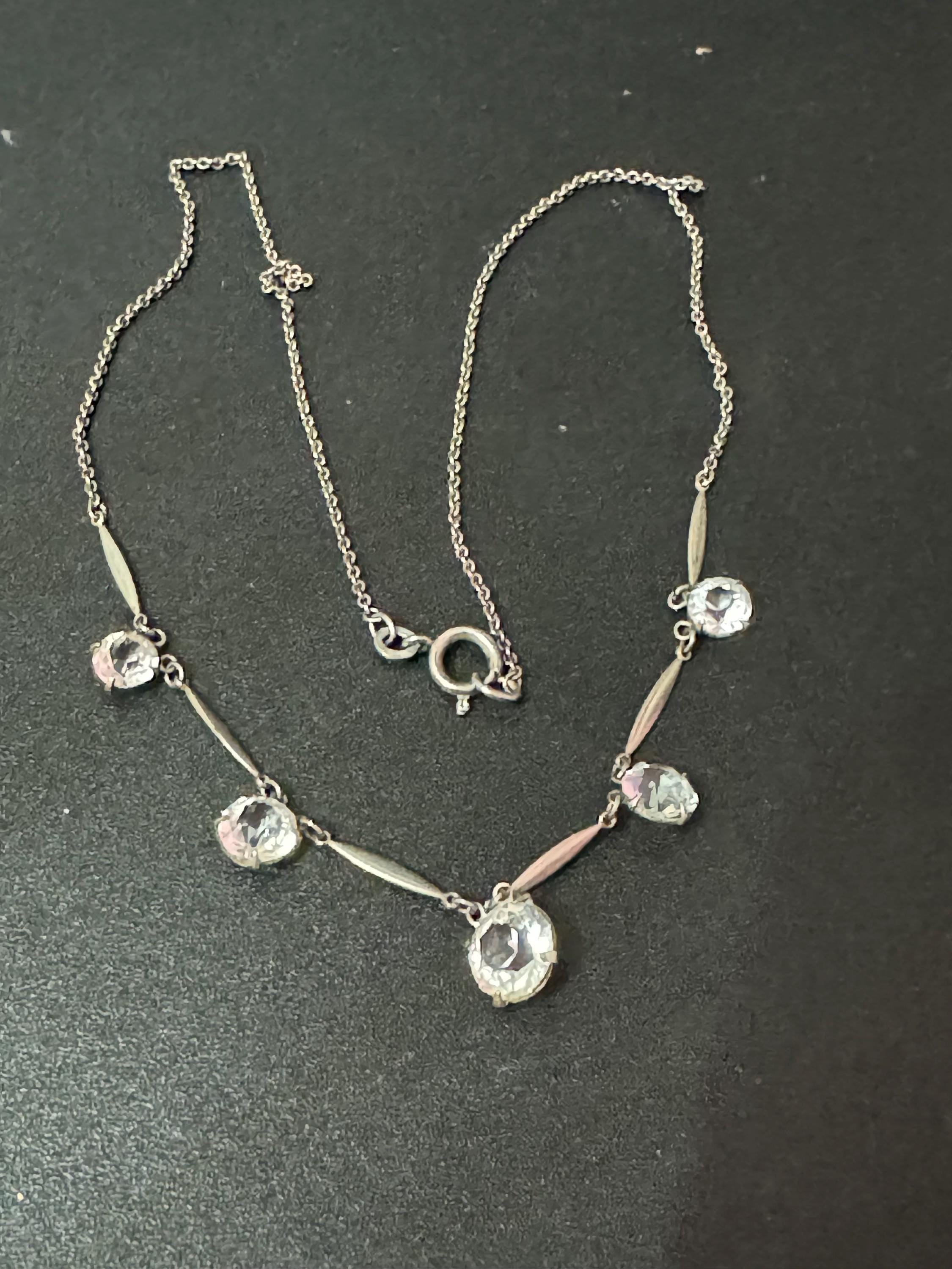 Art Deco Sterling Silver Diamanté Necklace: 1920s Paste Rhinestone, 40cm