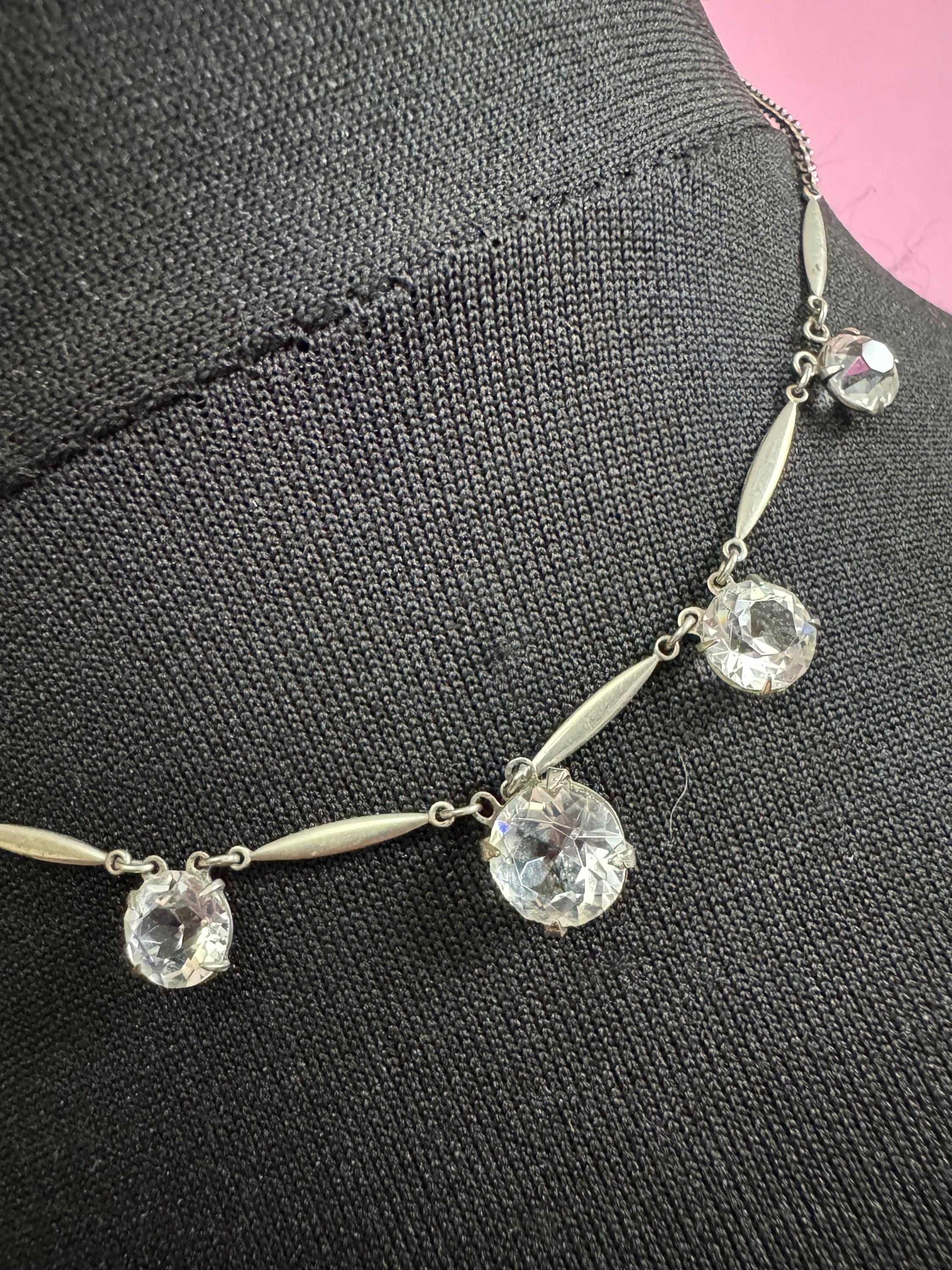 Art Deco Sterling Silver Diamanté Necklace: 1920s Paste Rhinestone, 40cm