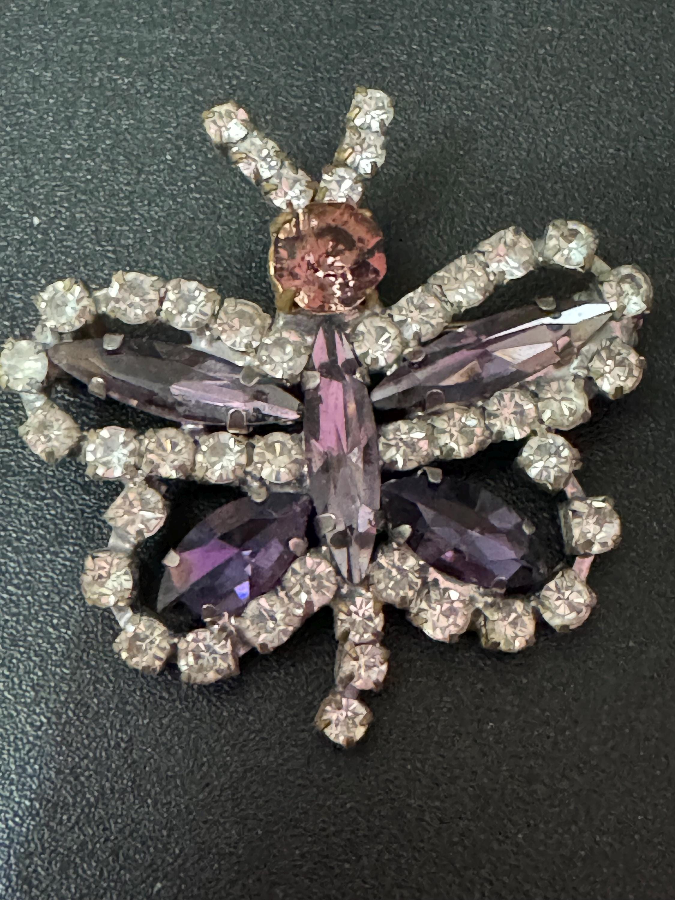 Vintage Czech Rhinestone Butterfly Brooch: Lilac & Clear Glass