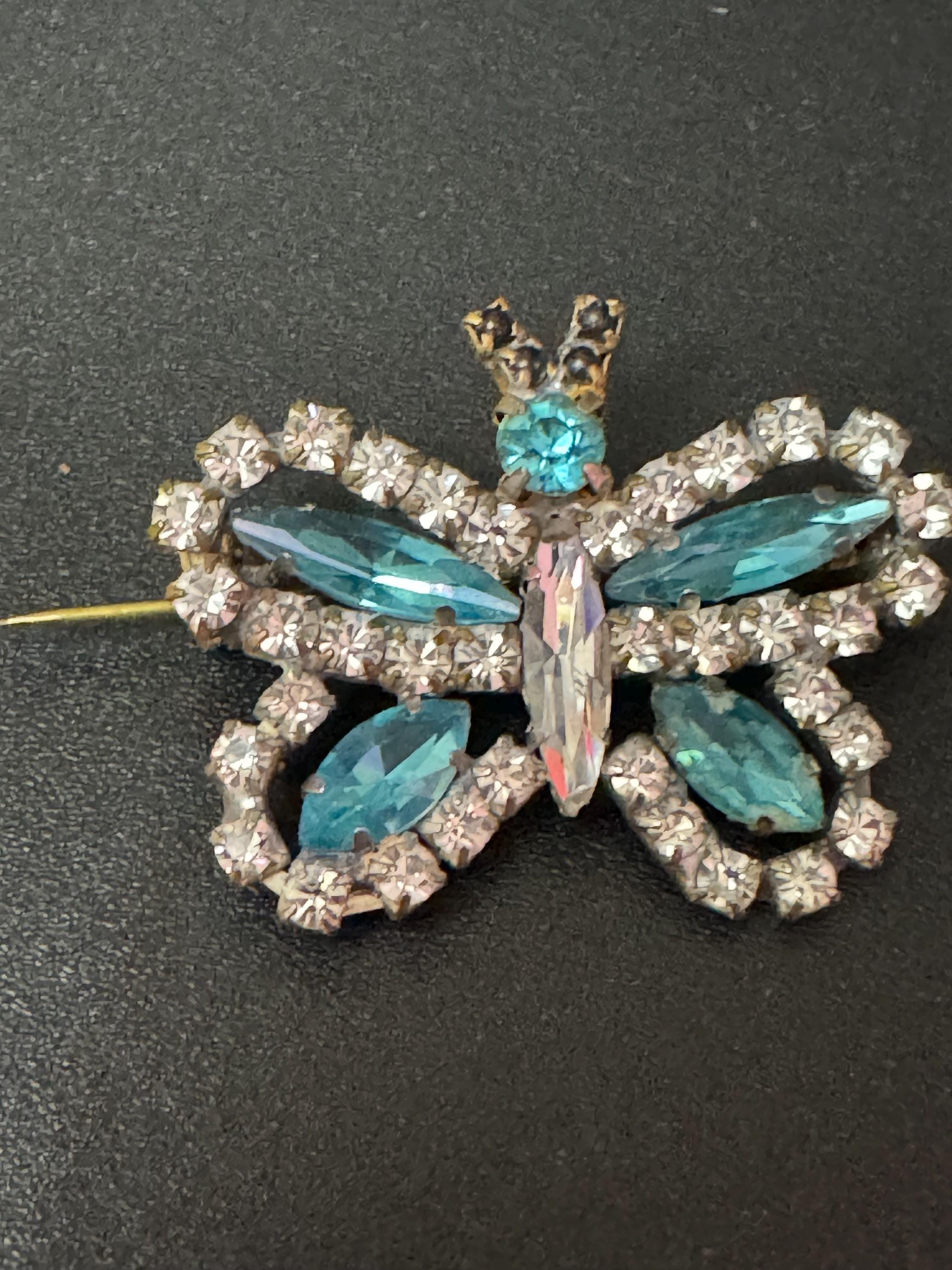 Vintage Genuine Czech Rhinestone diamanté paste Butterfly Brooch turquoise blue and clear Glass stones