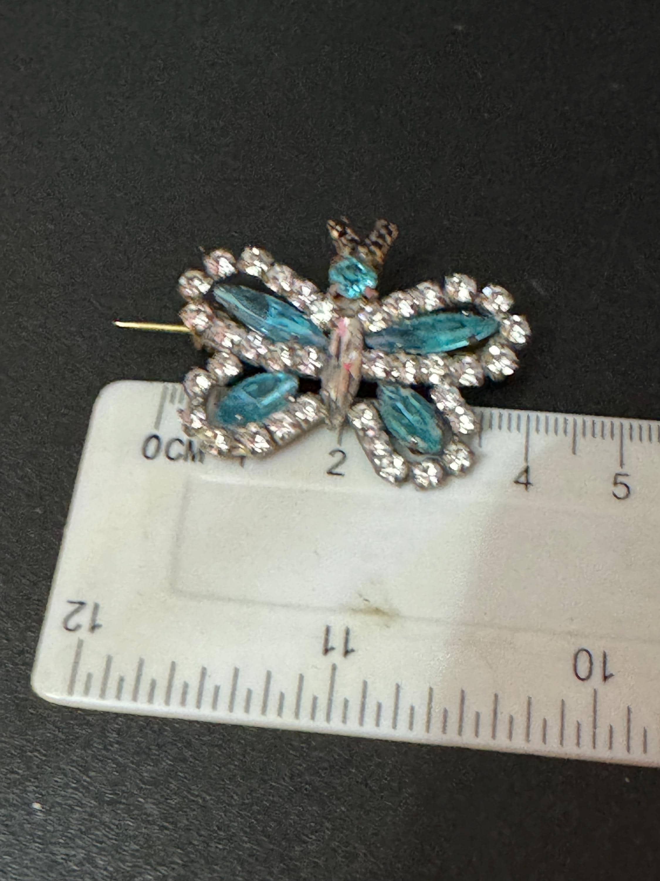 Vintage Genuine Czech Rhinestone diamanté paste Butterfly Brooch turquoise blue and clear Glass stones