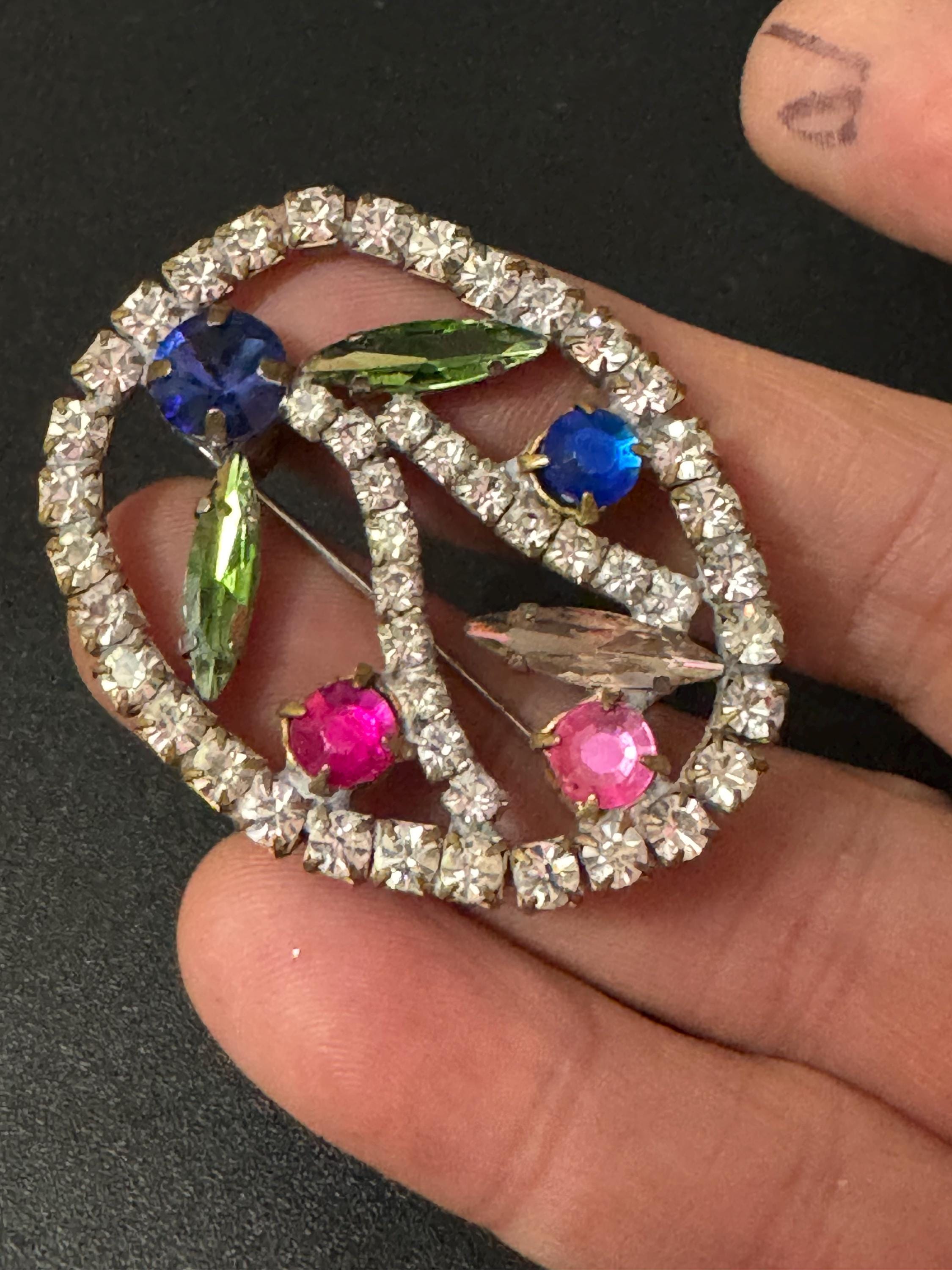 Vintage Czech Floral Brooch: Diamanté Rainbow Cabochons