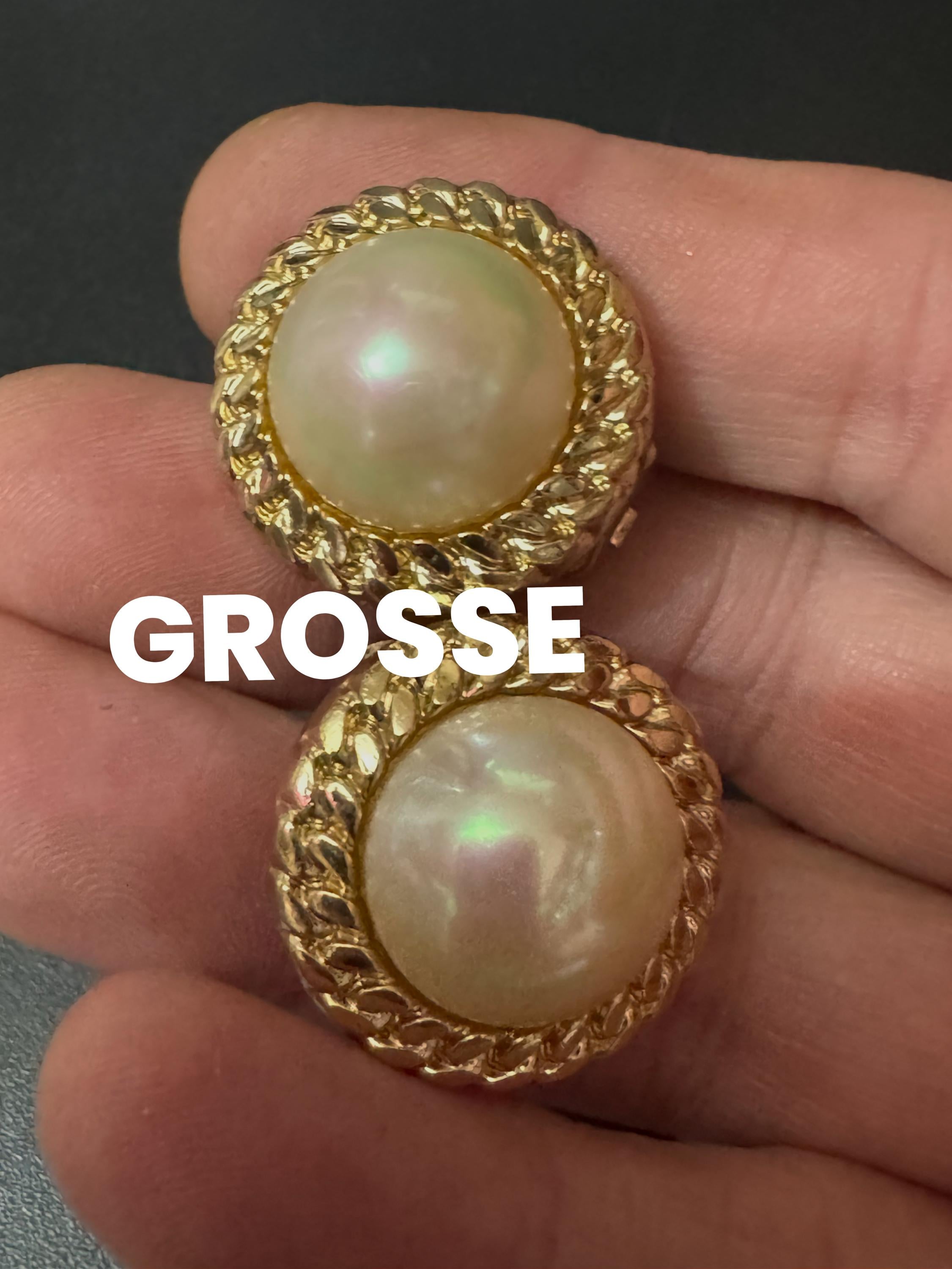 Signed GROSSE Gold Tone Pearl Cabochon Clip On Earrings
