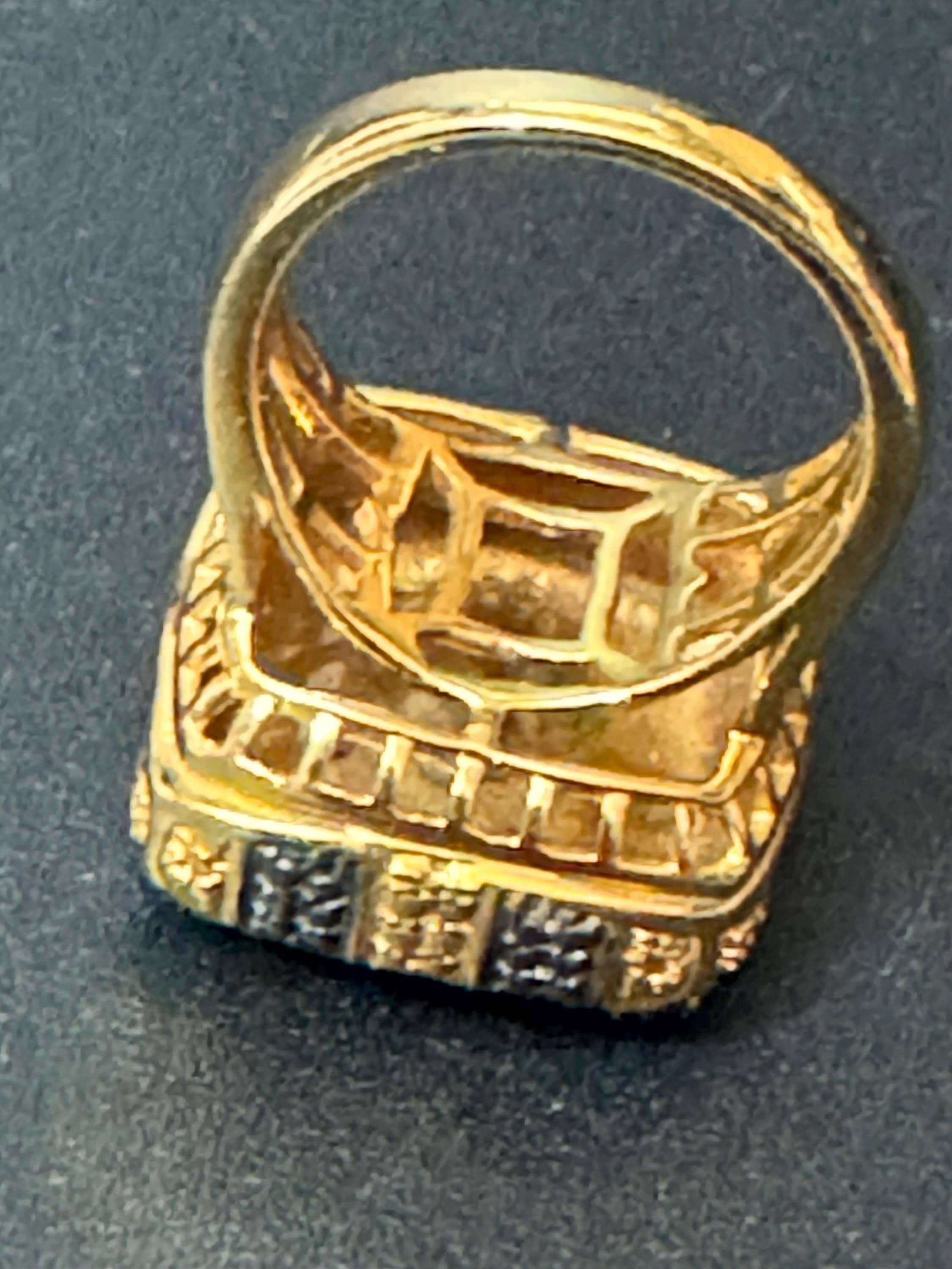 Signed Karis retro gold plated black chequerboard oversized square cocktail ring size Q.5