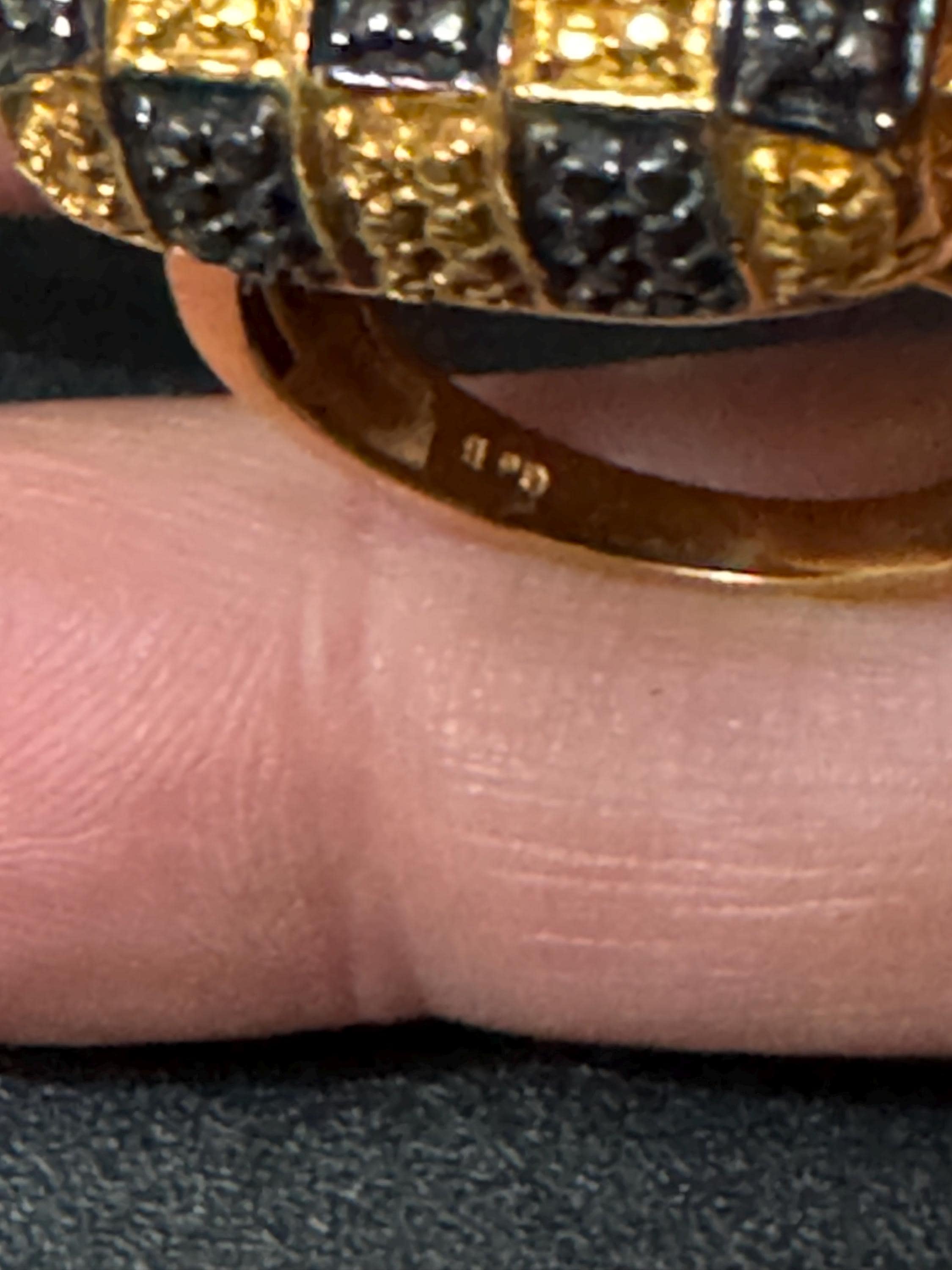 Signed Karis retro gold plated black chequerboard oversized square cocktail ring size Q.5