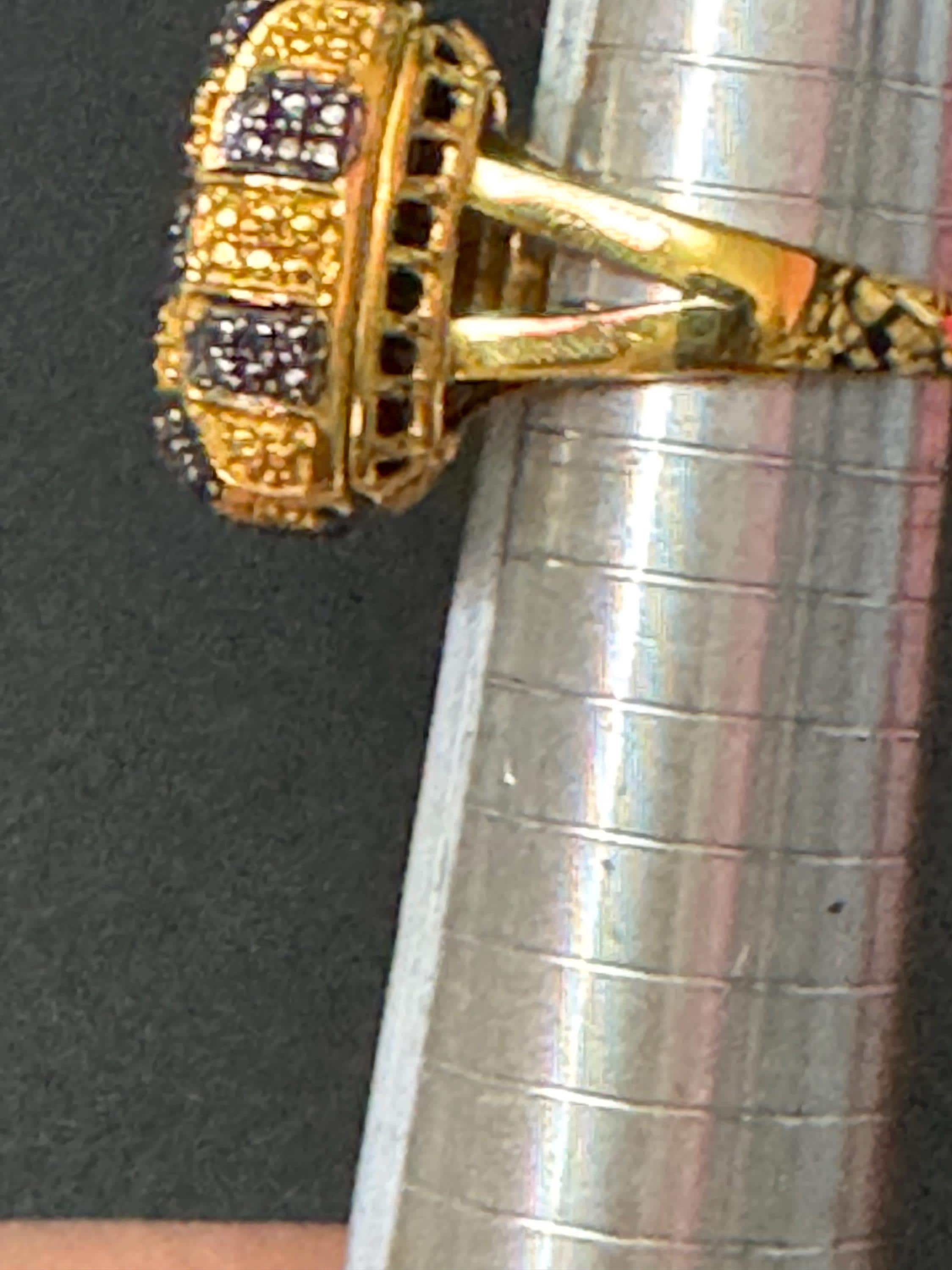 Signed Karis retro gold plated black chequerboard oversized square cocktail ring size Q.5