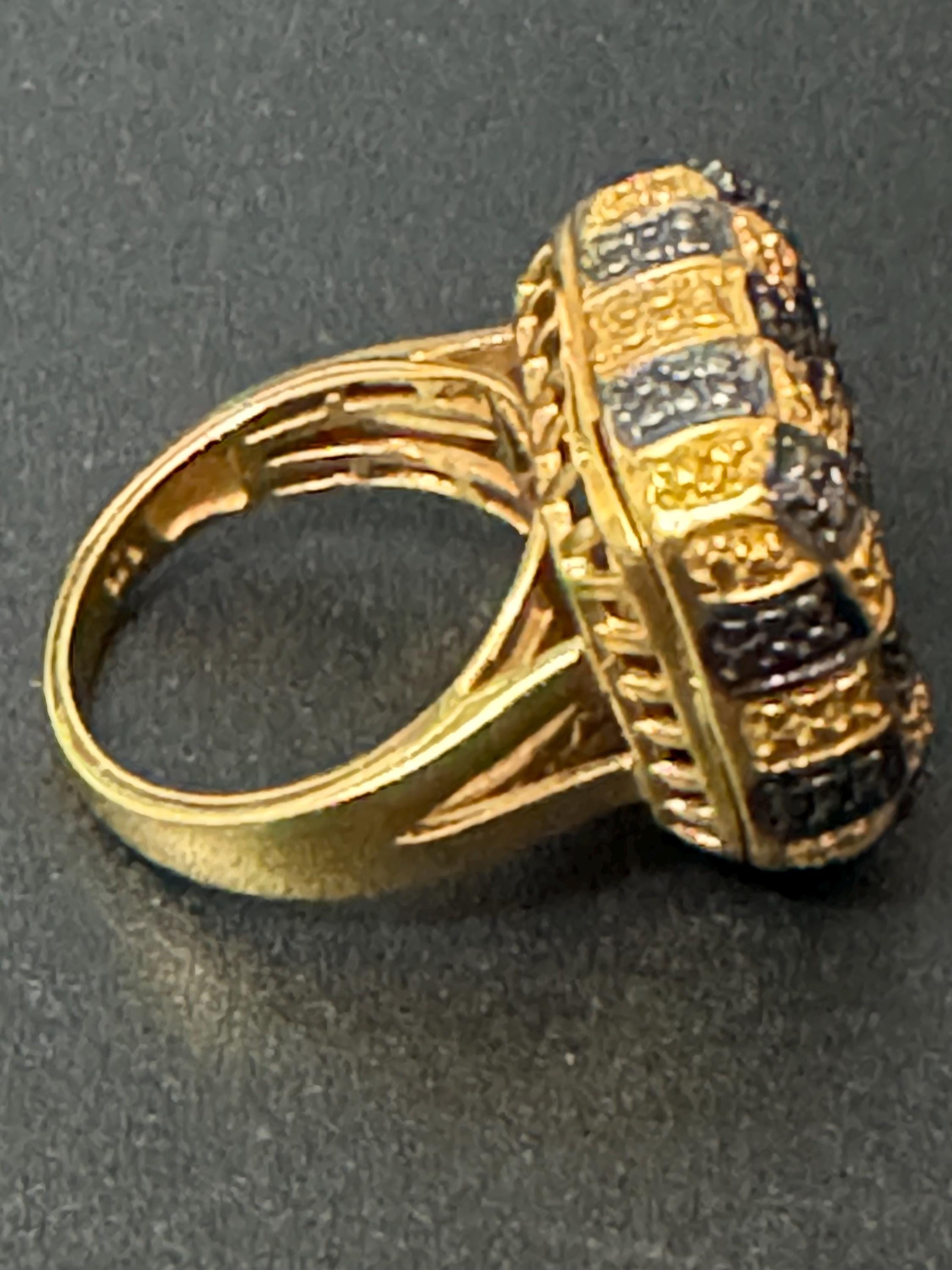 Signed Karis retro gold plated black chequerboard oversized square cocktail ring size Q.5