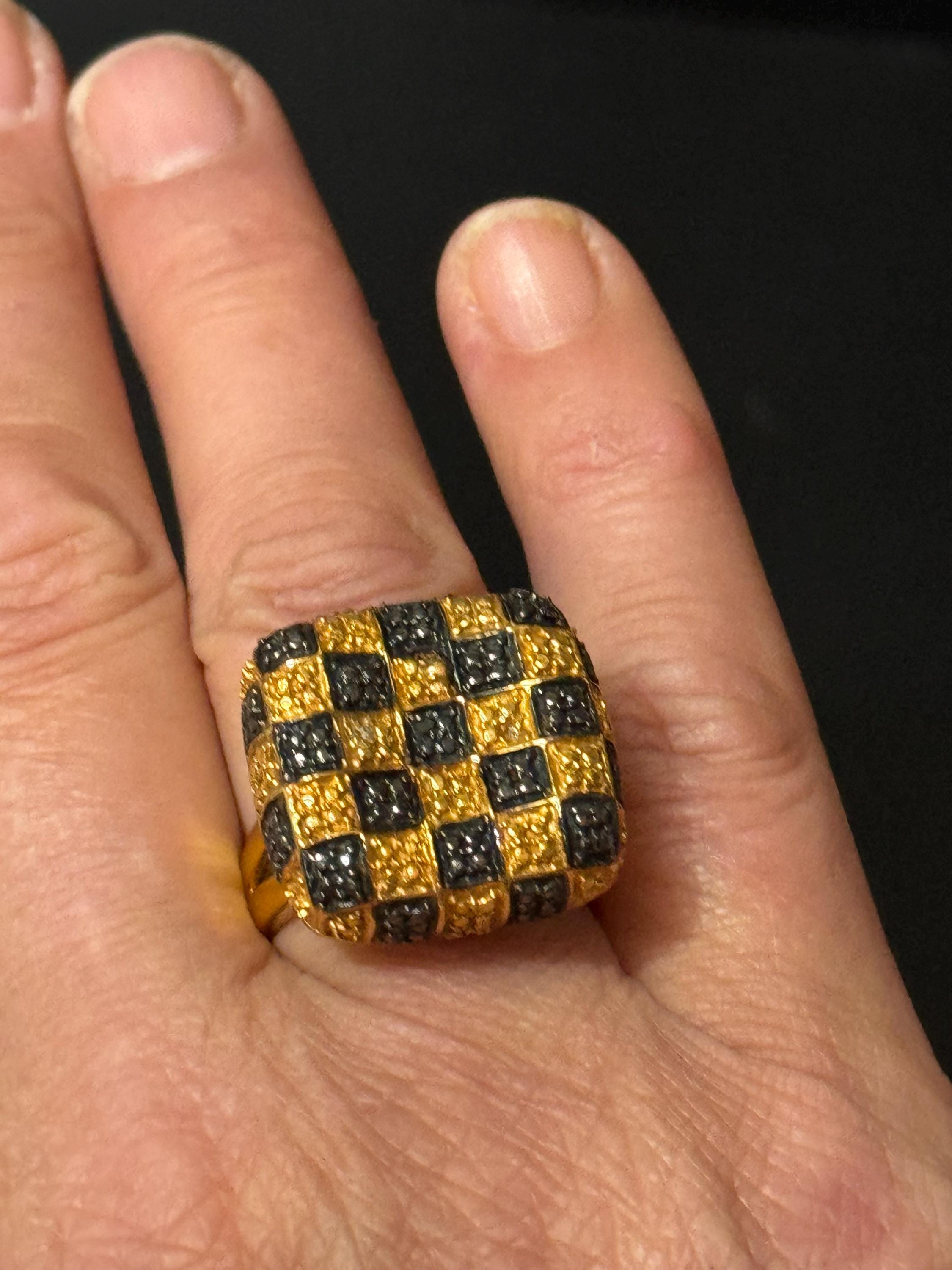 Signed Karis retro gold plated black chequerboard oversized square cocktail ring size Q.5