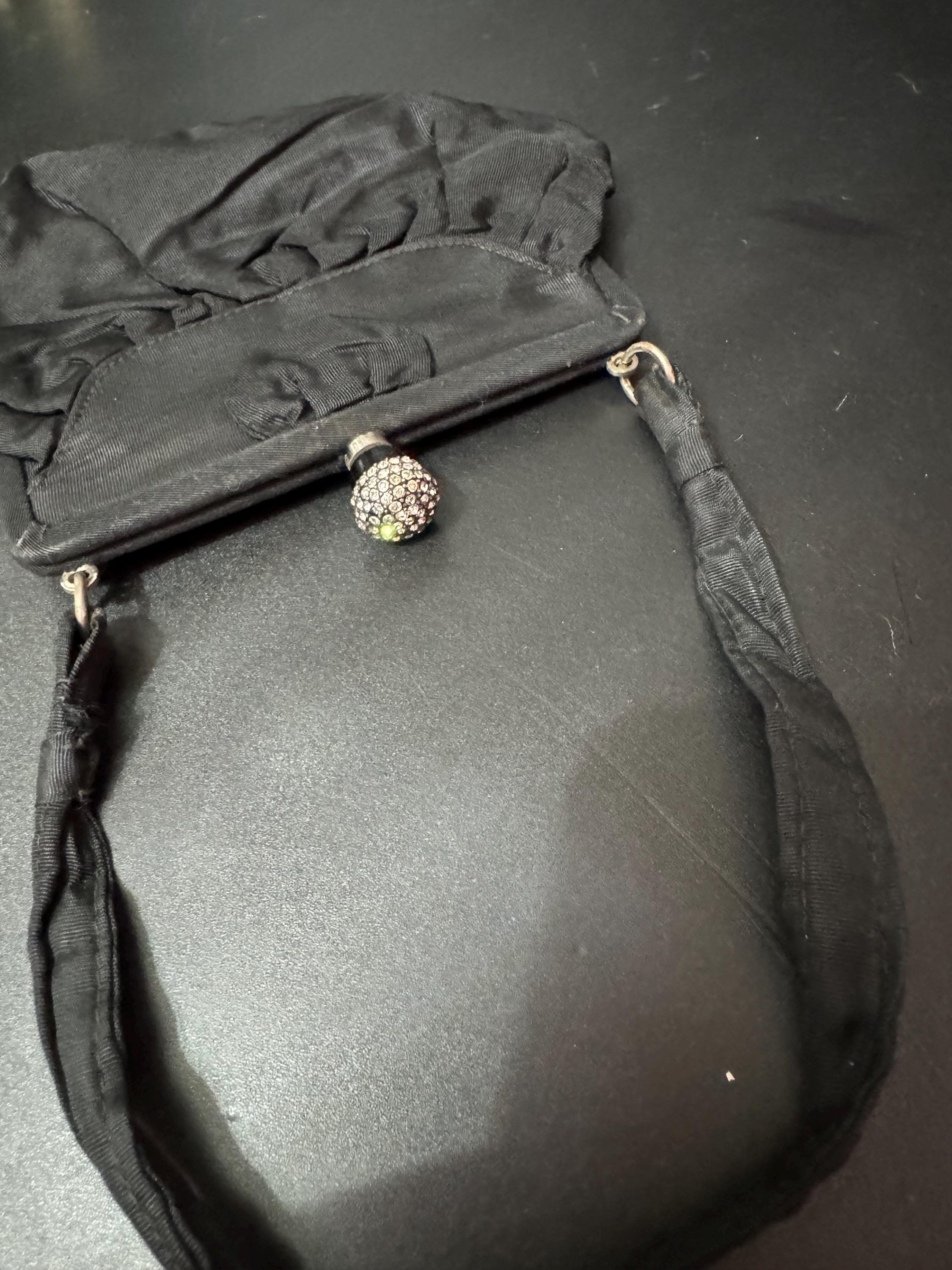 Vintage Art Deco Black Grosgrain Evening Bag with Diamanté Clasp