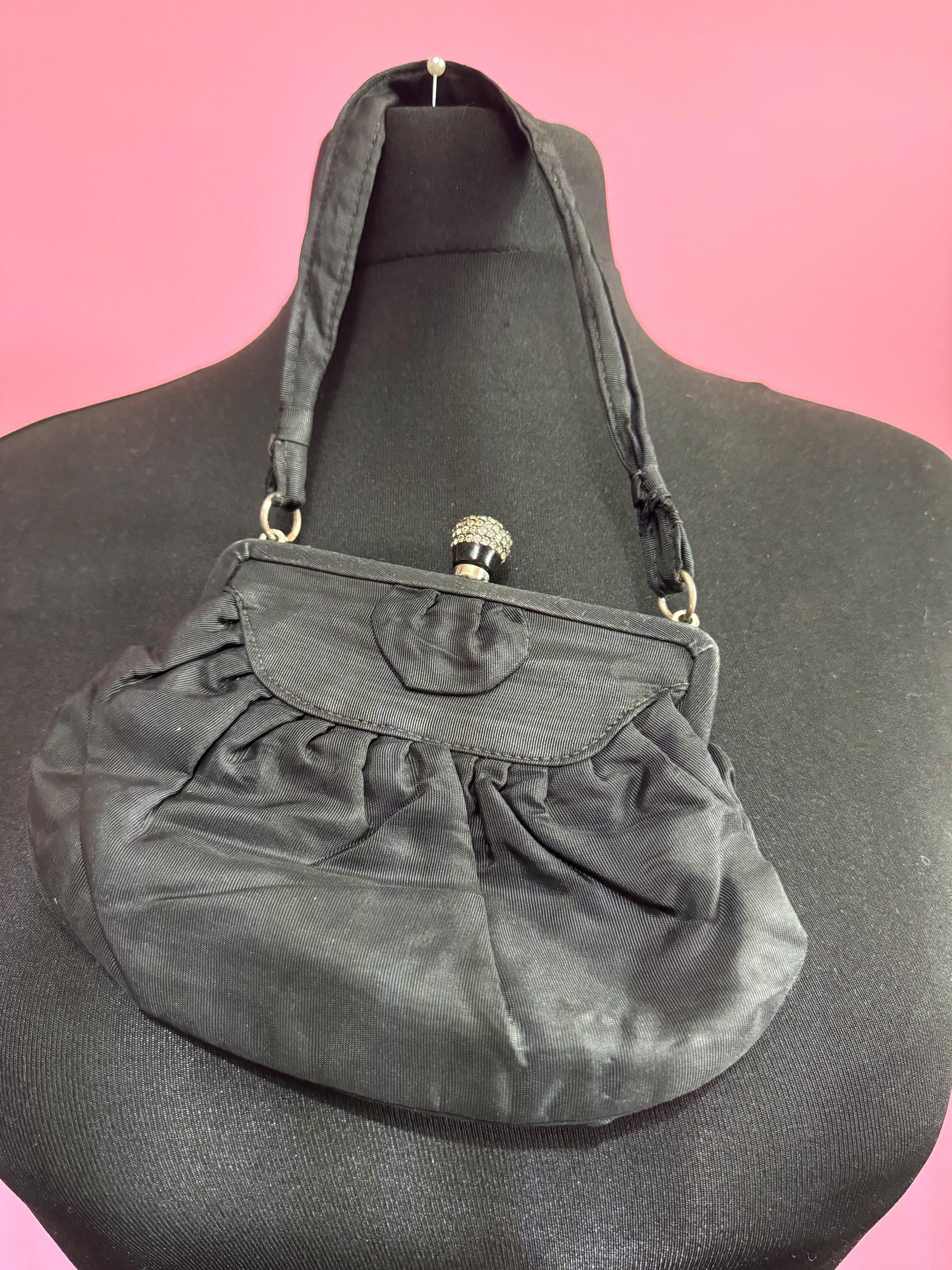 Vintage Art Deco Black Grosgrain Evening Bag with Diamanté Clasp