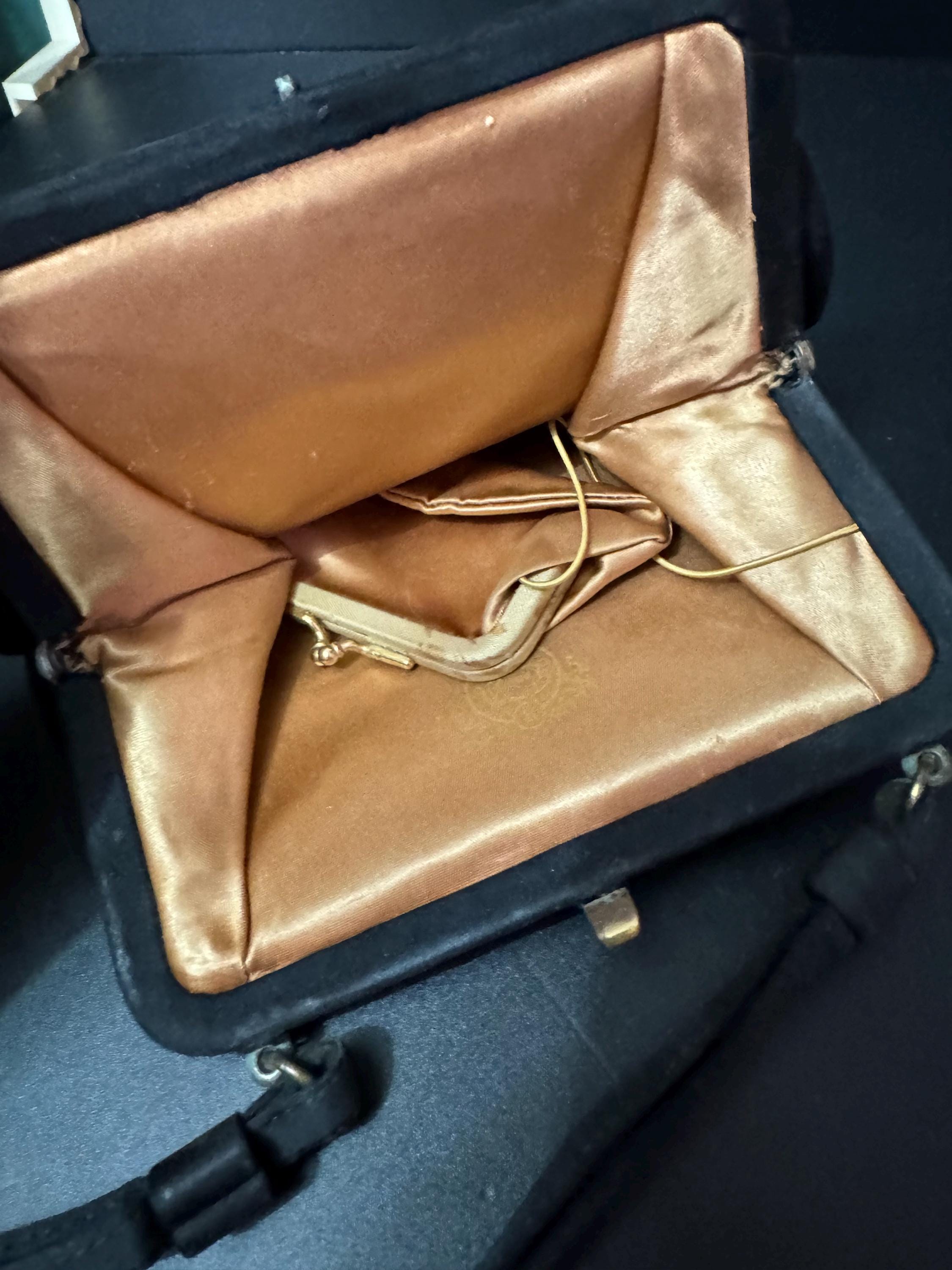 Signed Vintage Satin Evening Purse: Art Deco Brass Clasp