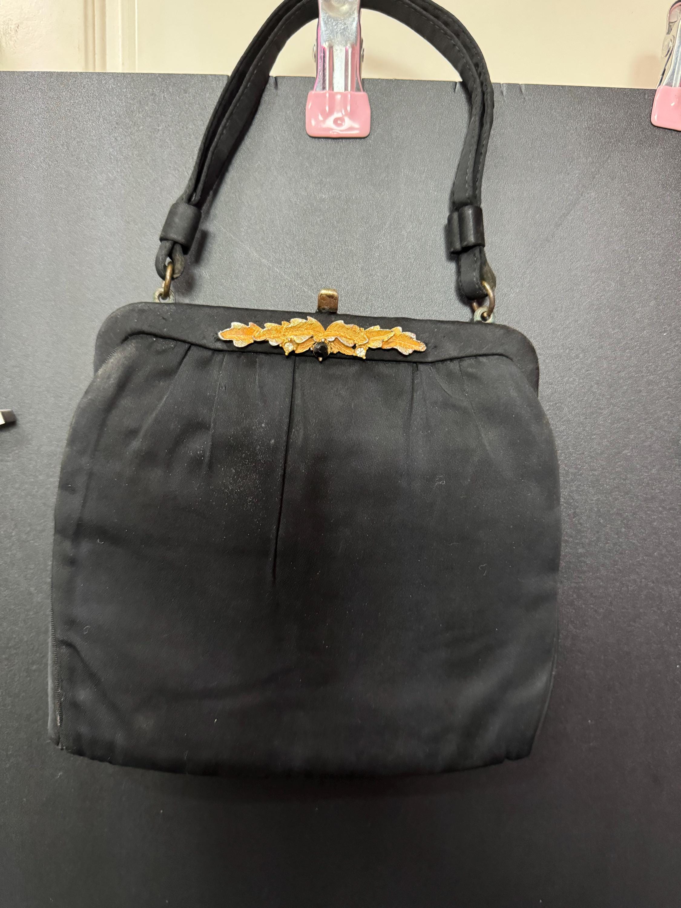 Signed Vintage Satin Evening Purse: Art Deco Brass Clasp