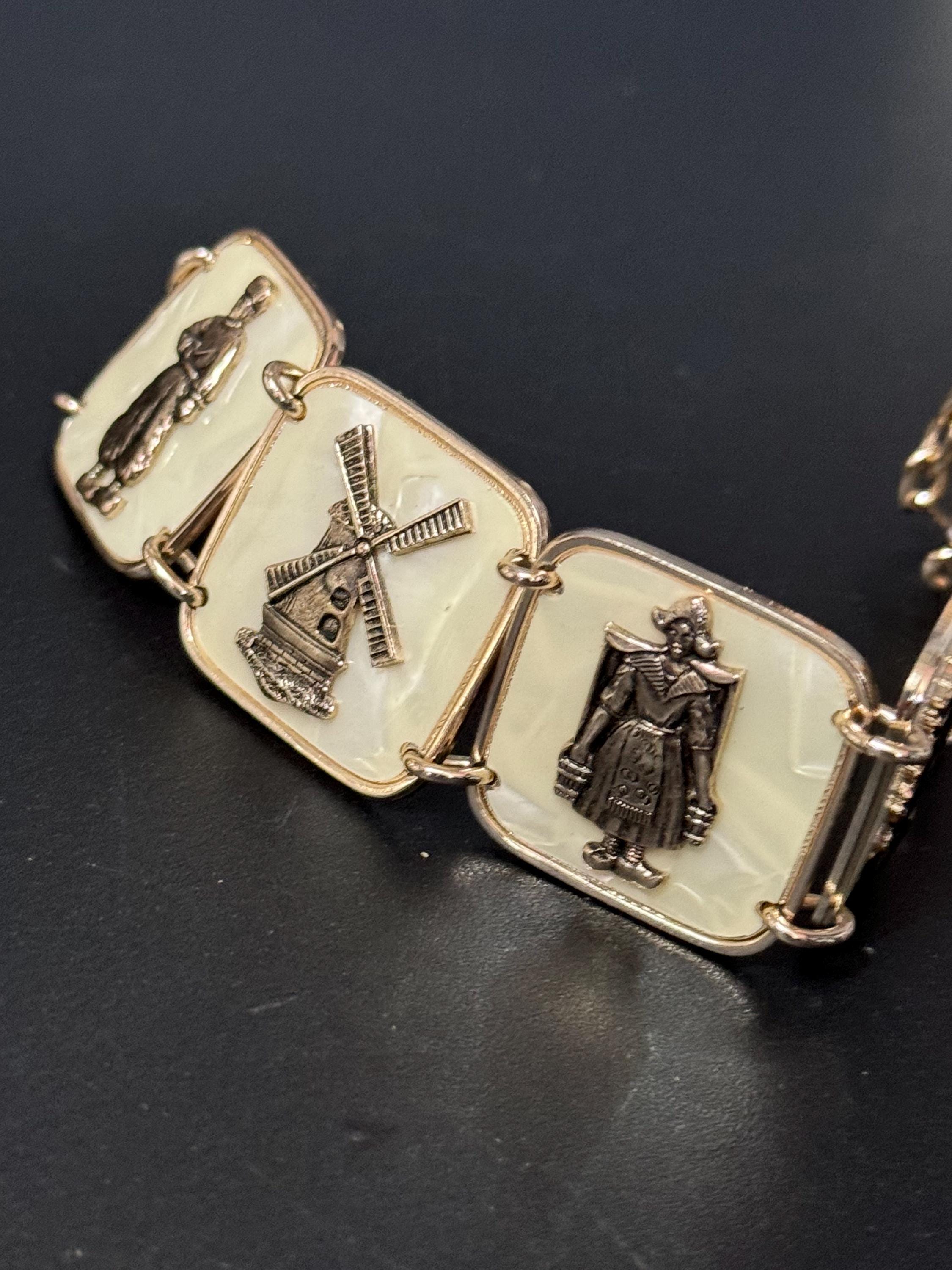 Dutch Vintage early plastic gold celluloid faux cream Pearl panel link kitsch bracelet with windmill Holland dancing 1940s 1950s