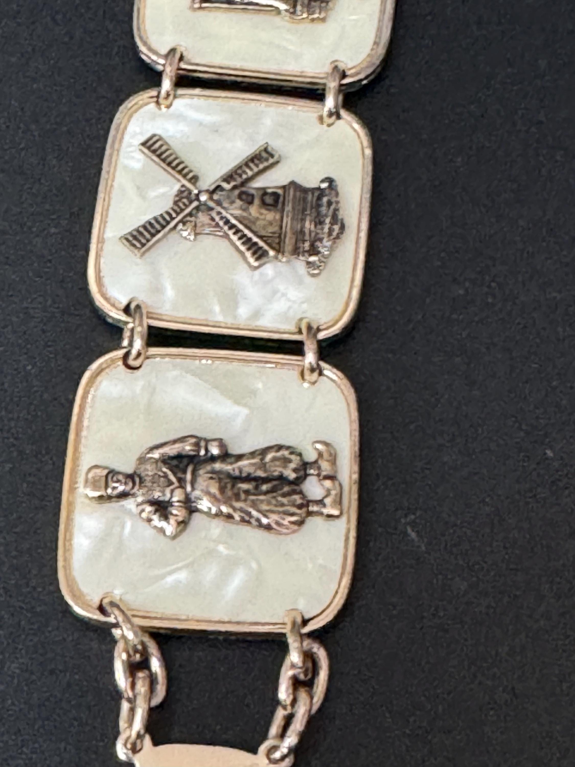Dutch Vintage early plastic gold celluloid faux cream Pearl panel link kitsch bracelet with windmill Holland dancing 1940s 1950s