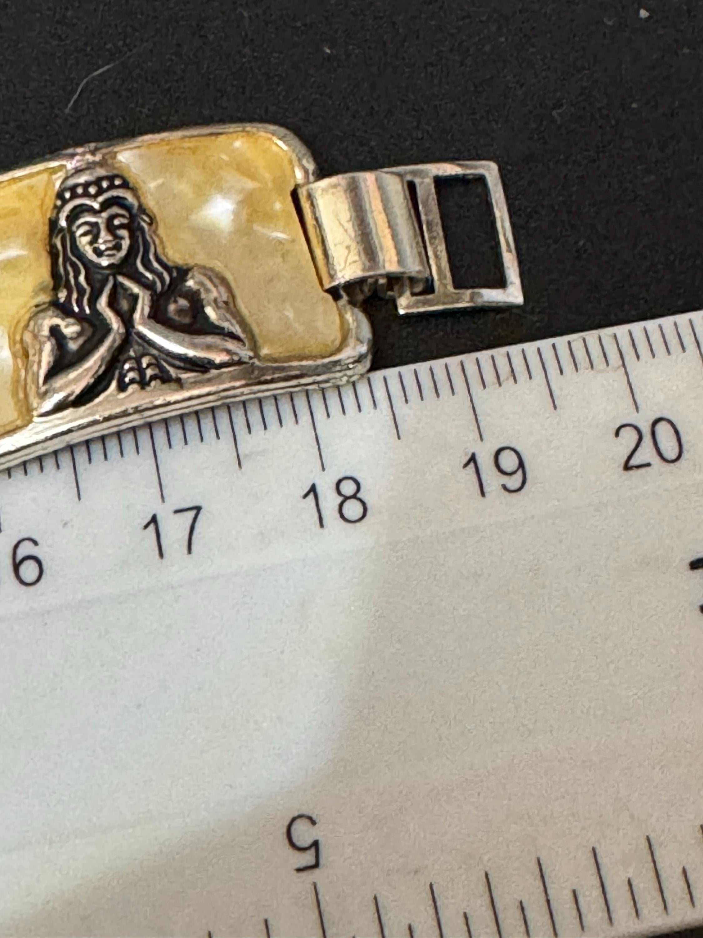 Egyptian revival Vintage Silver Tone cream celluloid Souvenir tourist panel link bracelet lightweight aluminium