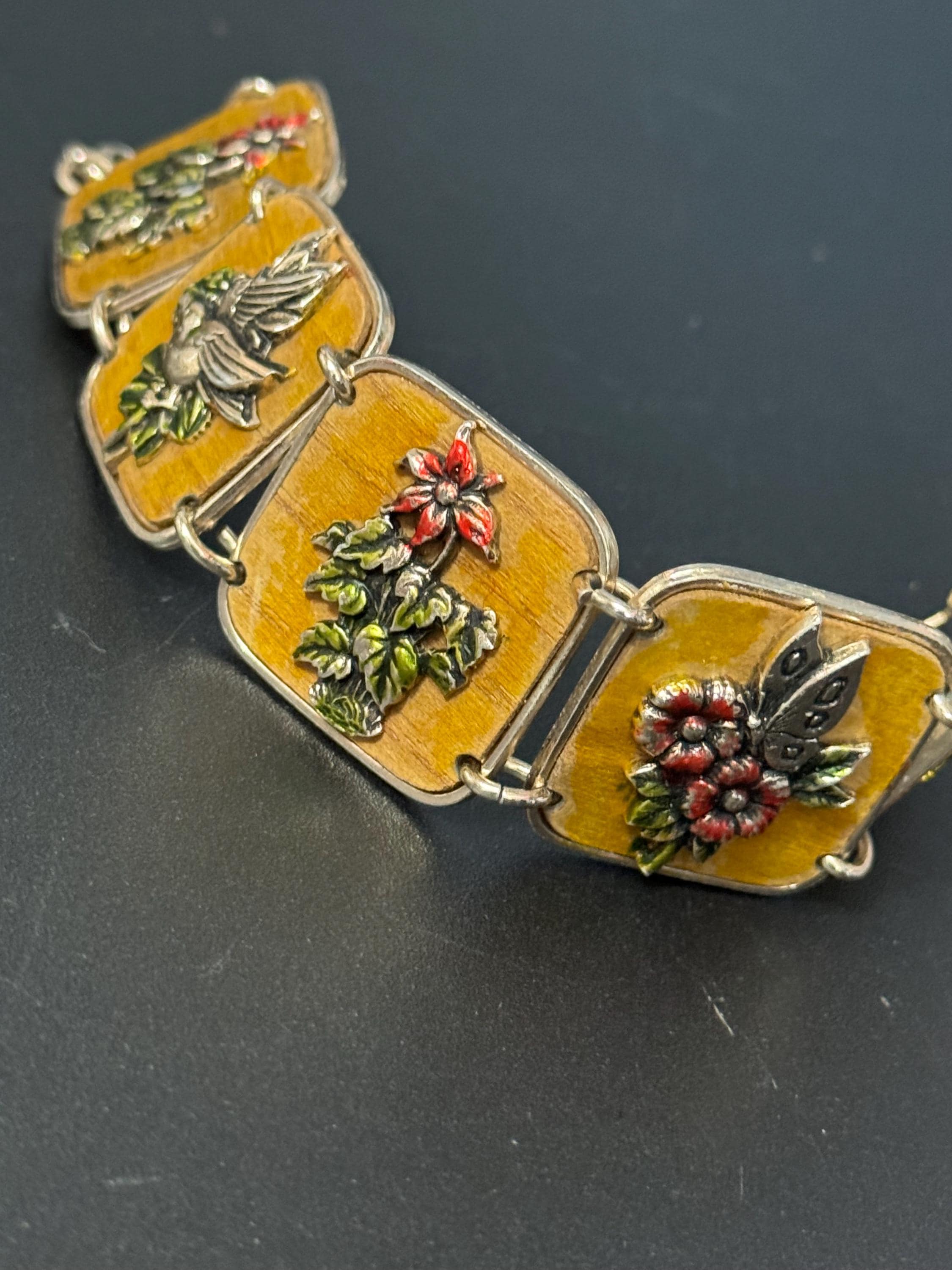 Vintage Silver Tone brown red enamel floral butterfly panel link bracelet lightweight aluminium