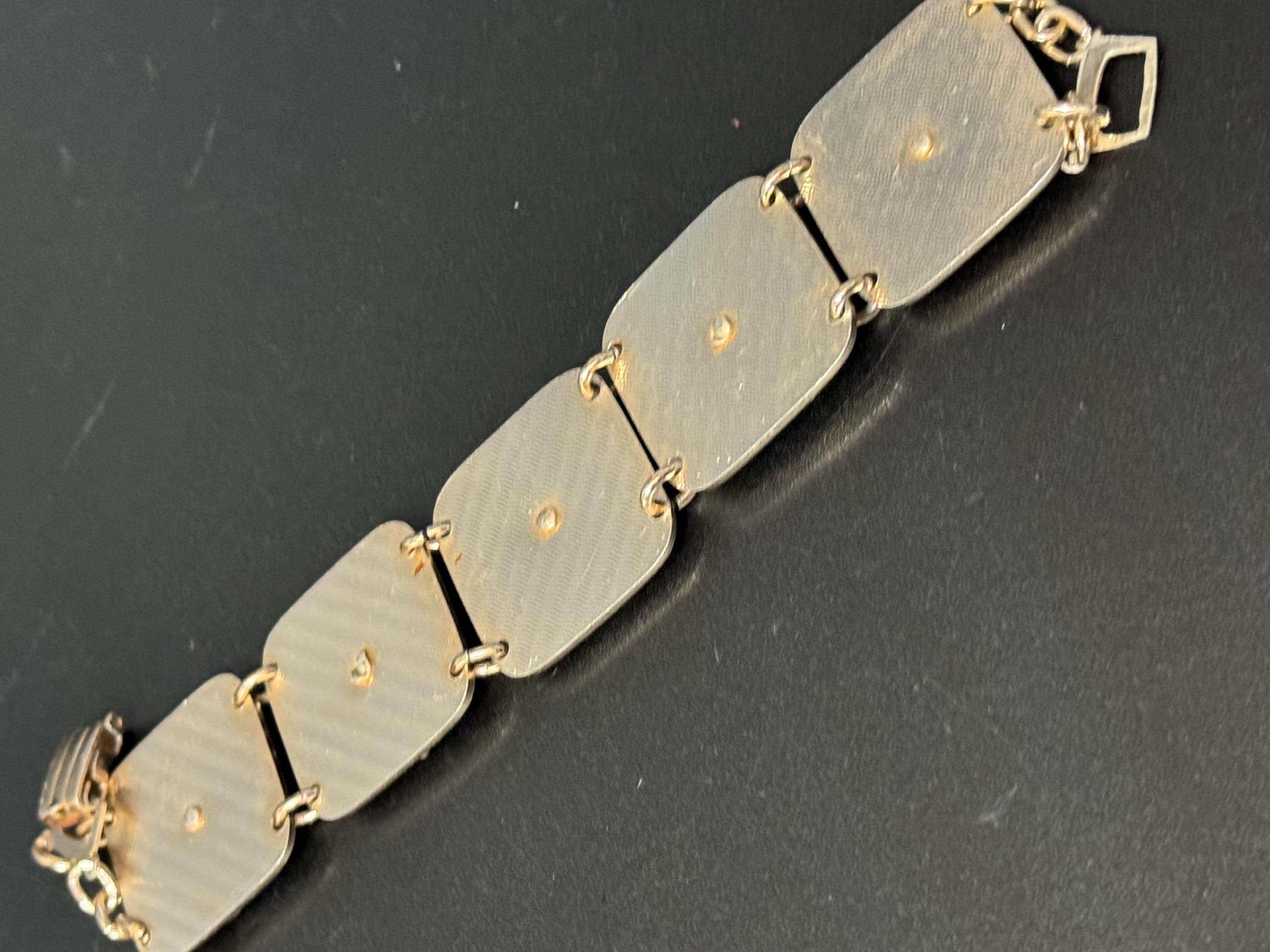 Vintage Silver Tone brown red enamel floral butterfly panel link bracelet lightweight aluminium