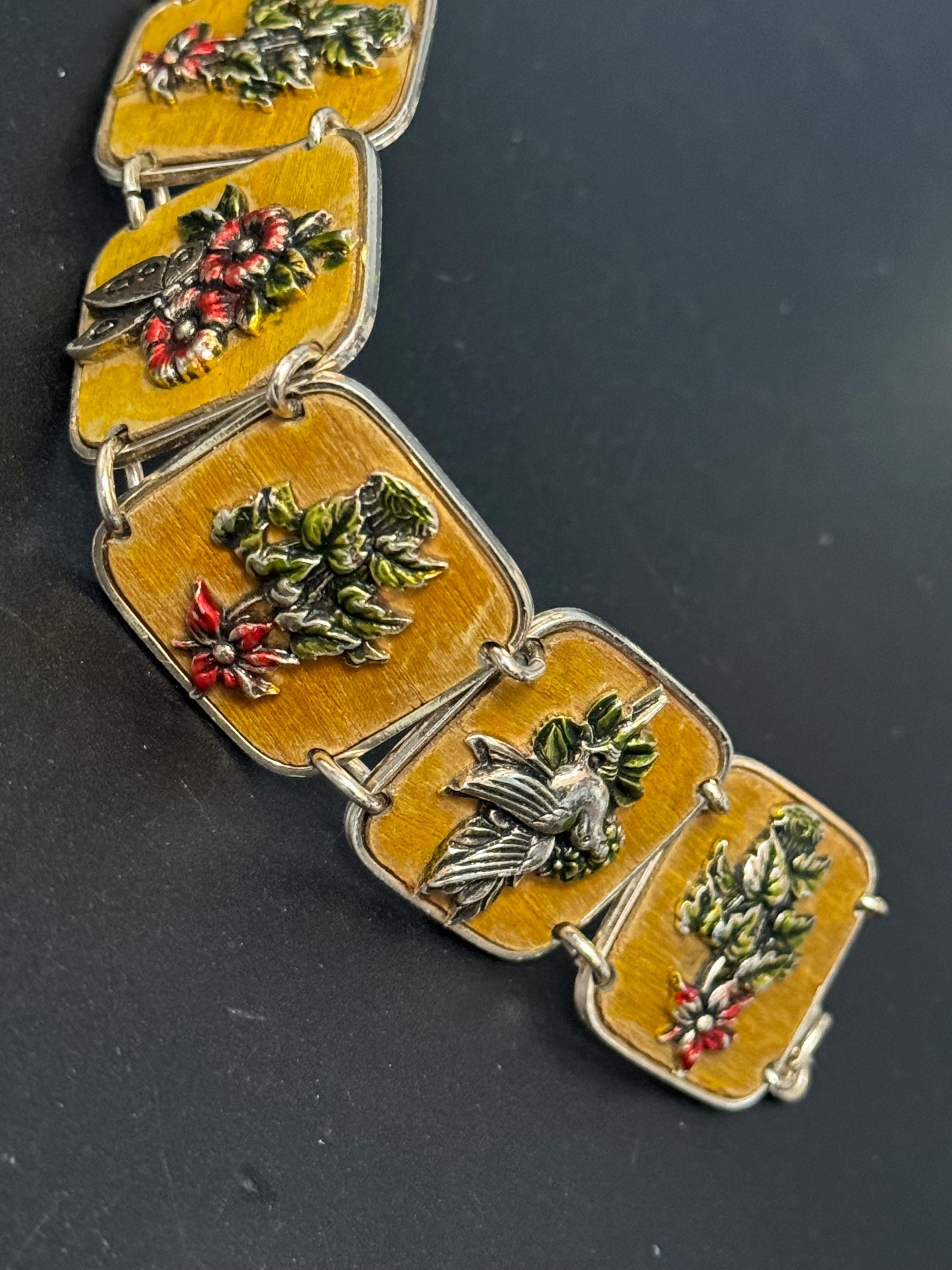 Vintage Silver Tone brown red enamel floral butterfly panel link bracelet lightweight aluminium