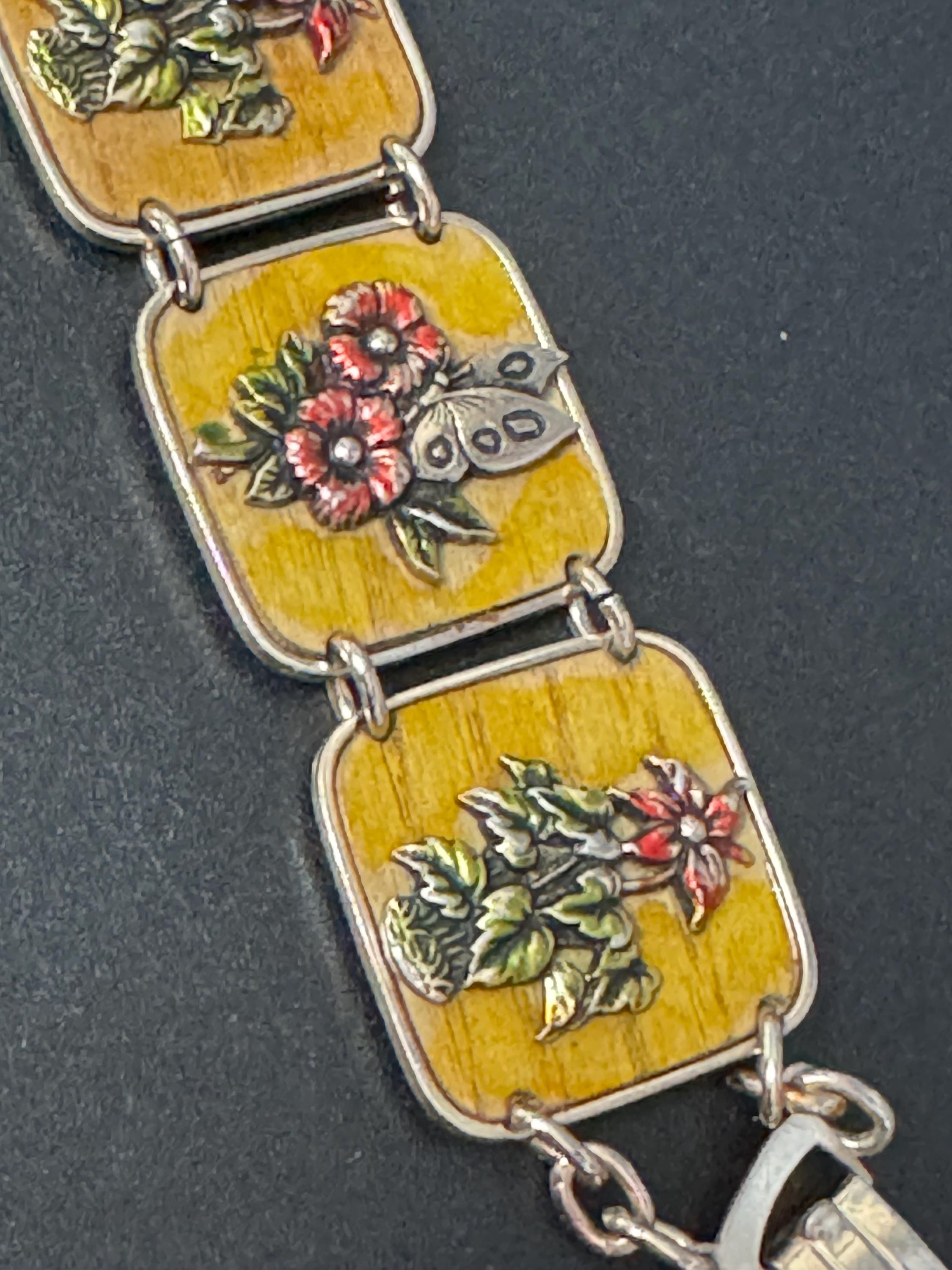 Vintage Silver Tone brown red enamel floral butterfly panel link bracelet lightweight aluminium