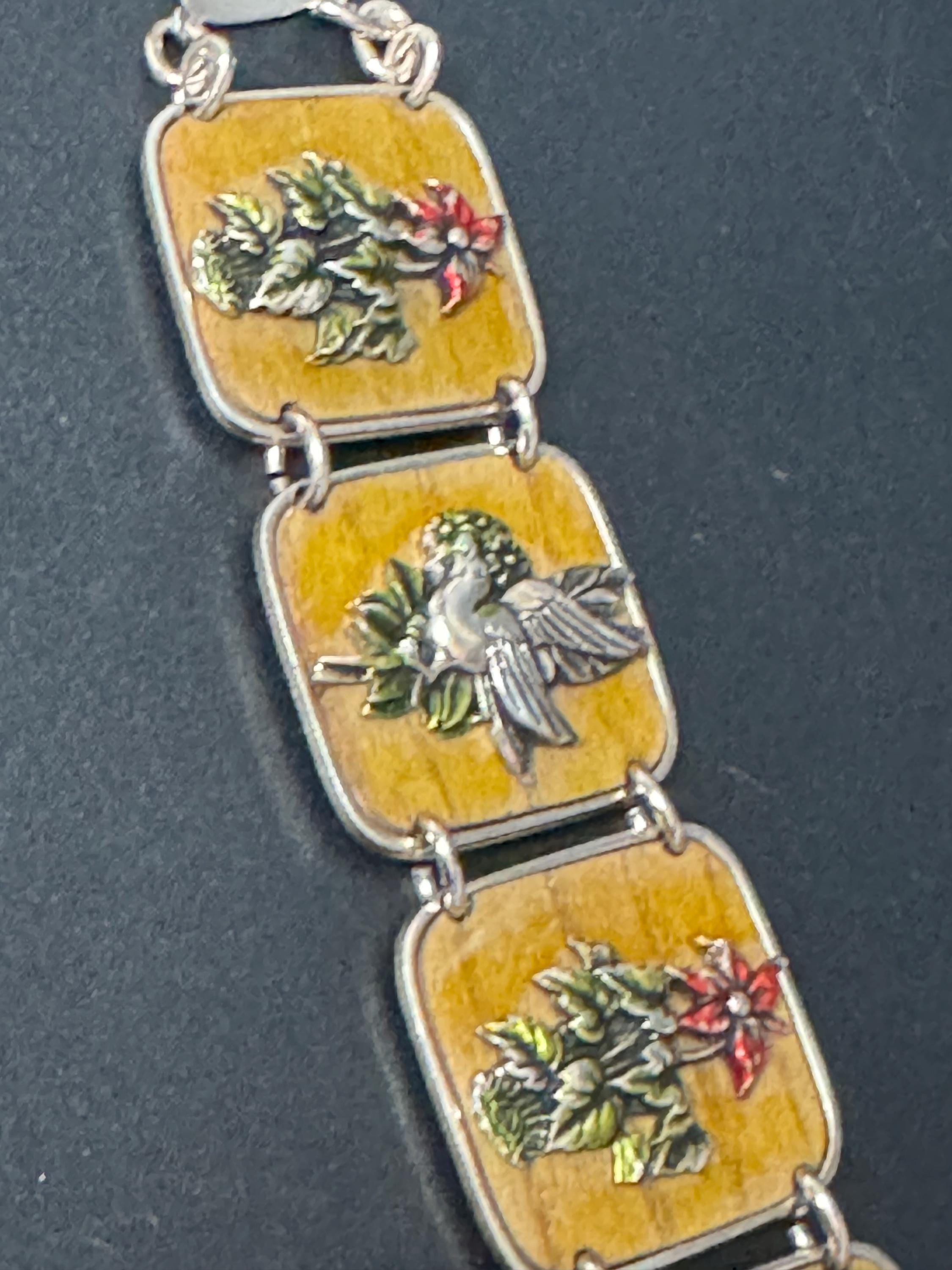 Vintage Silver Tone brown red enamel floral butterfly panel link bracelet lightweight aluminium