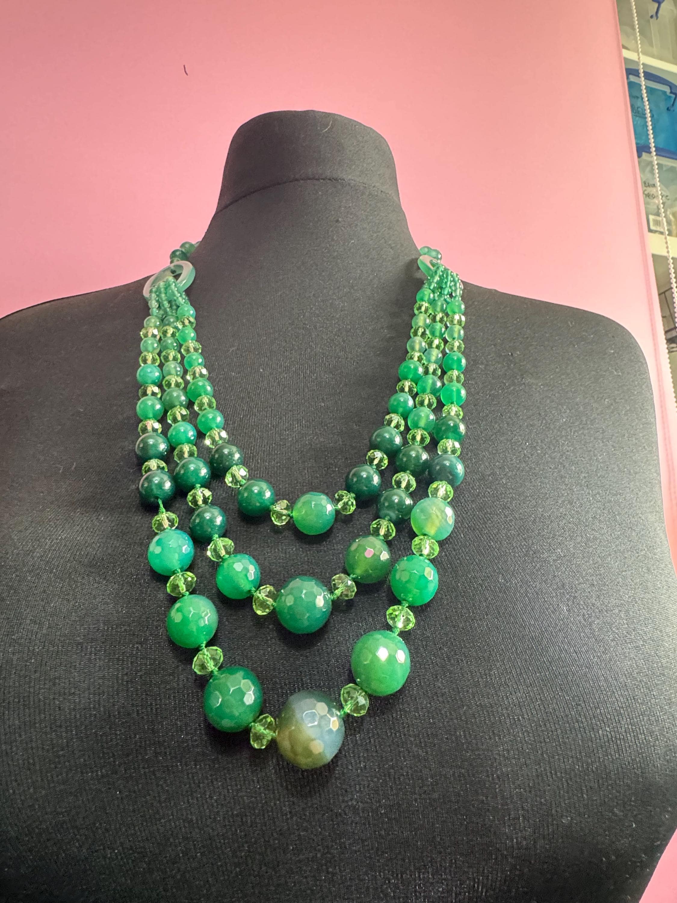 Green Agate Multistrand Necklace: Faceted Beads, 925 Silver Clasp