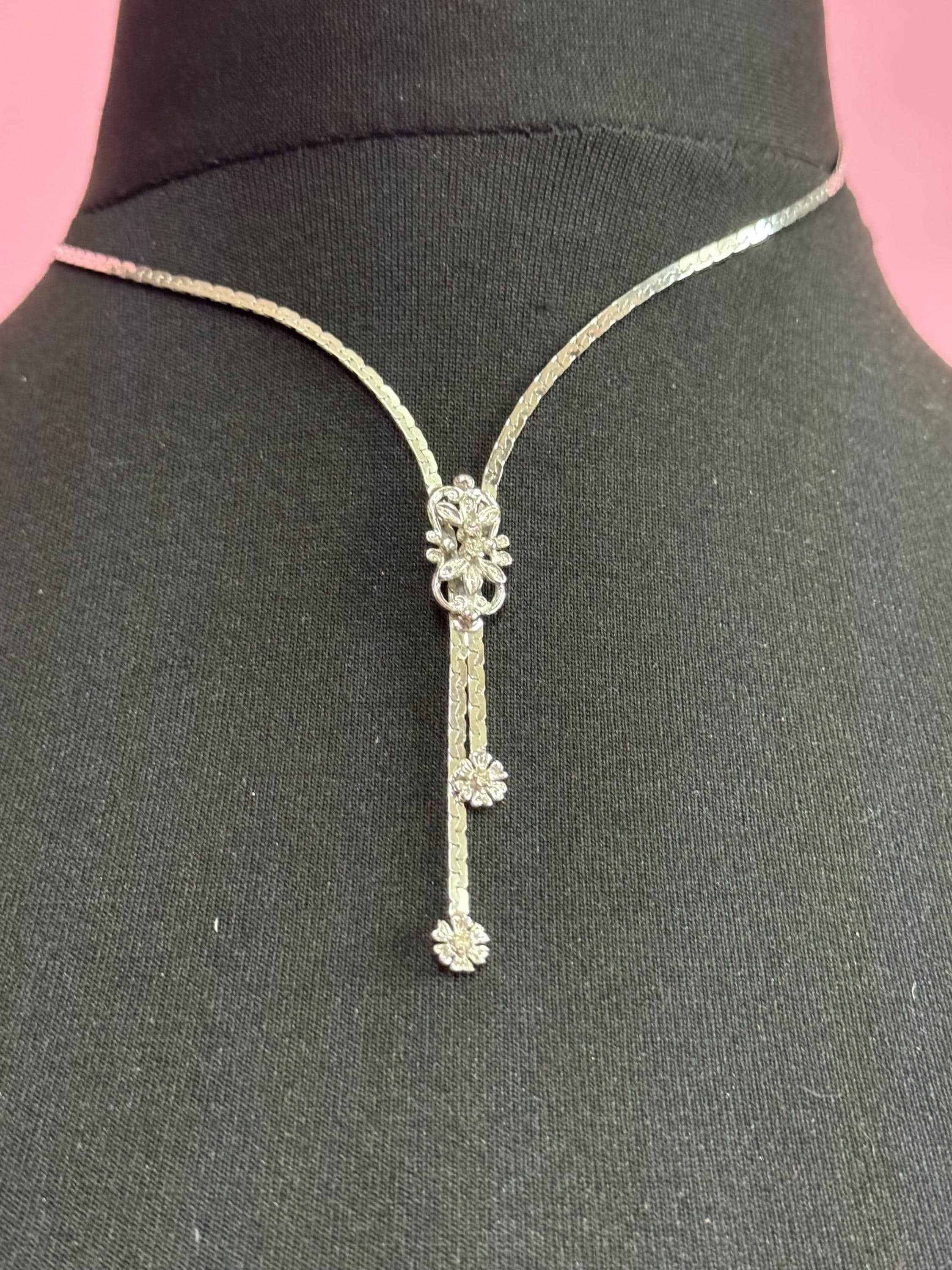 Vintage solid silver 835 minimalist clear diamanté paste stone glass drop flat chain lariat negligee necklace