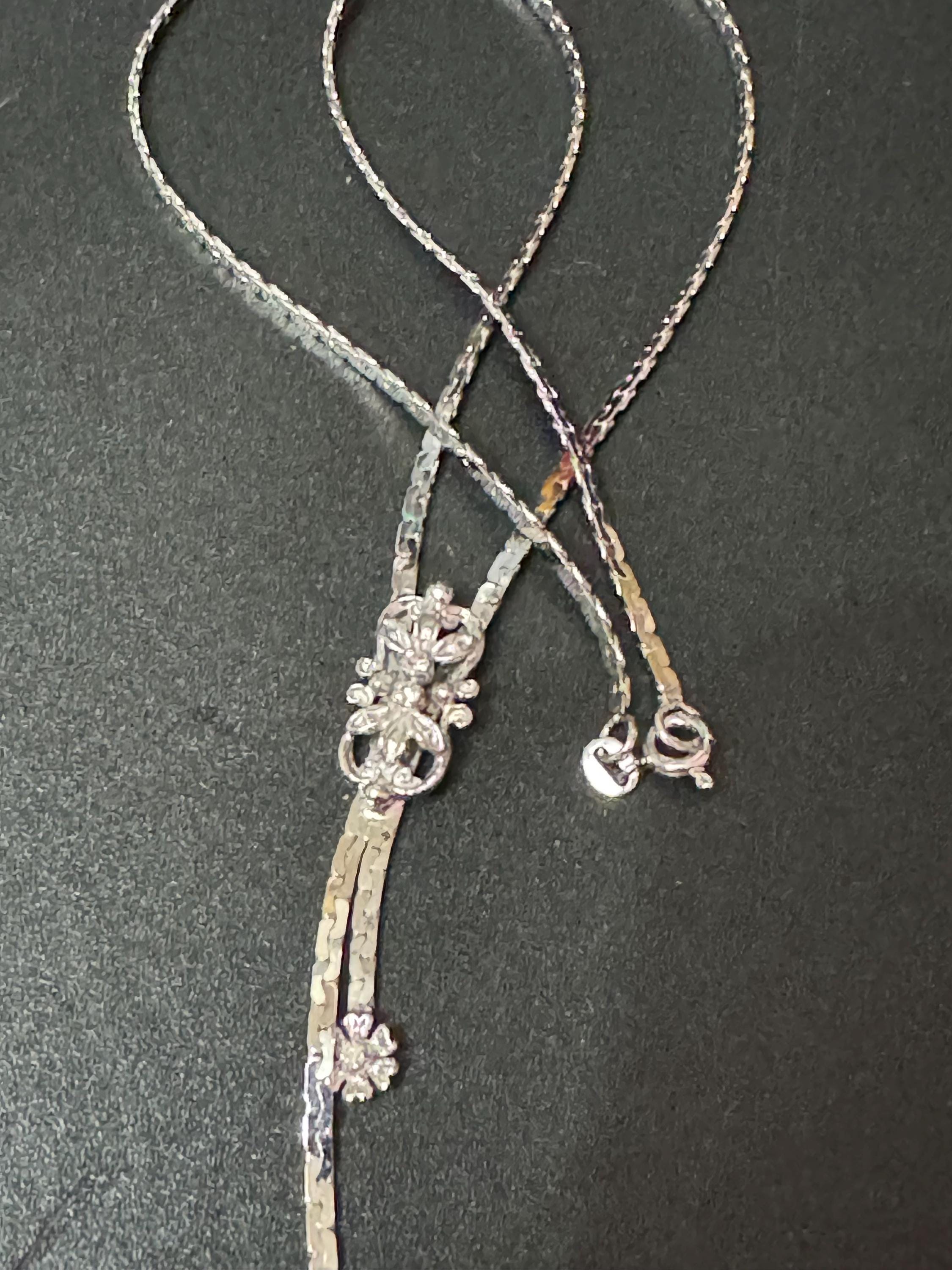Vintage solid silver 835 minimalist clear diamanté paste stone glass drop flat chain lariat negligee necklace